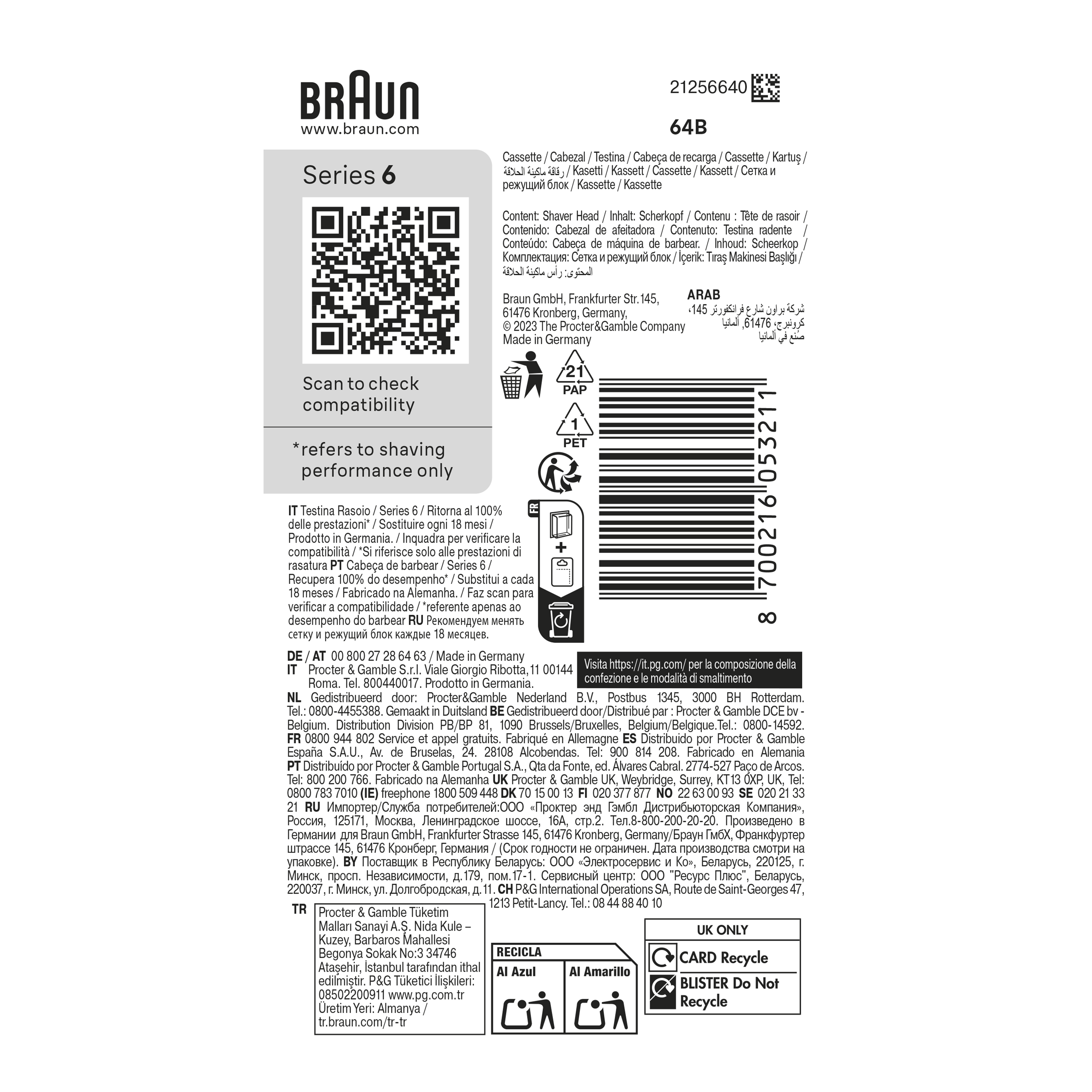 Braun 64B Series 6 Electric Shaver Replacement Head, Compatible With 60, 61, 62 Generations Shavers, Made in Germany