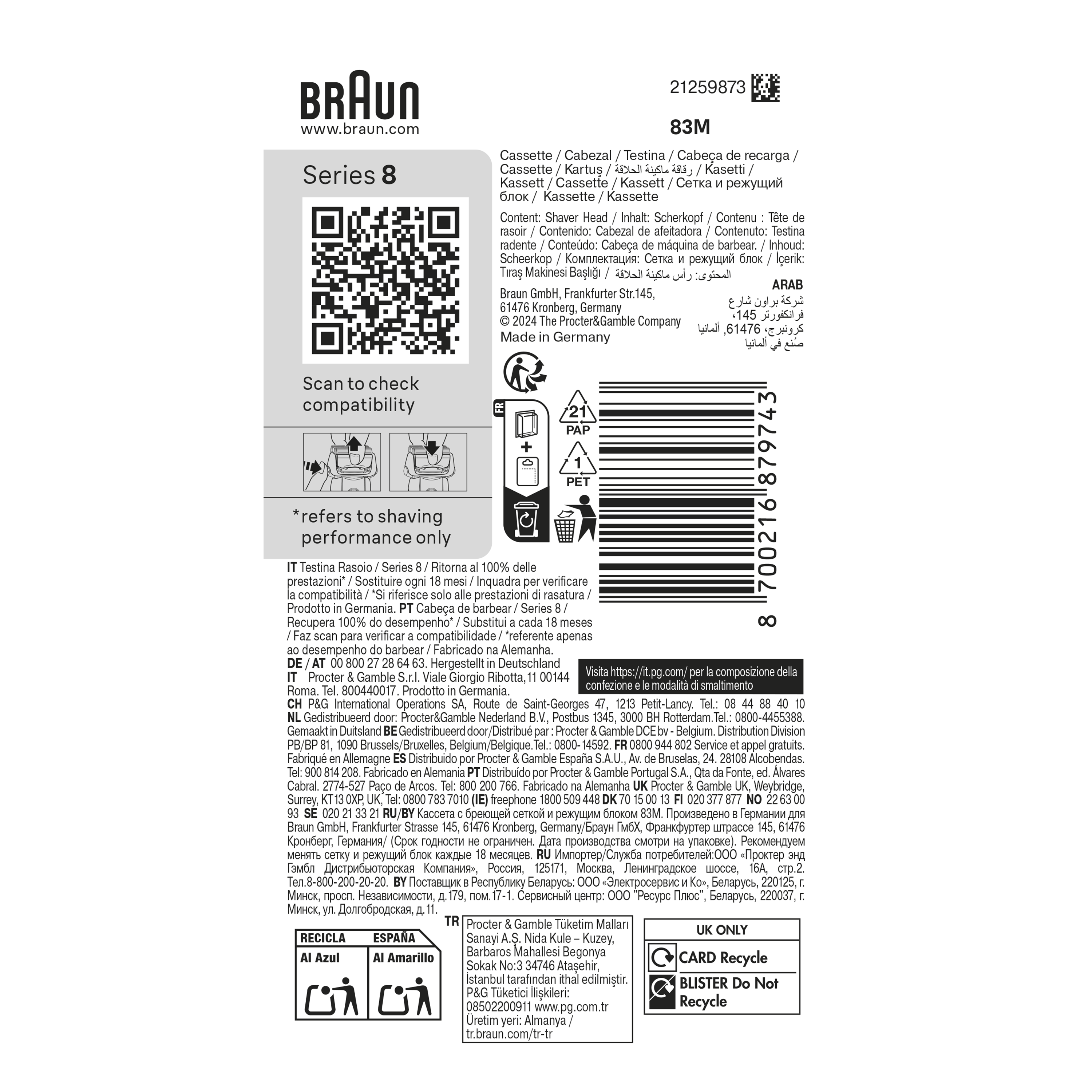 Braun Men's 83M Series 8 Foil and Cutter Cassette Replacement Head - Silver - Made In Germany