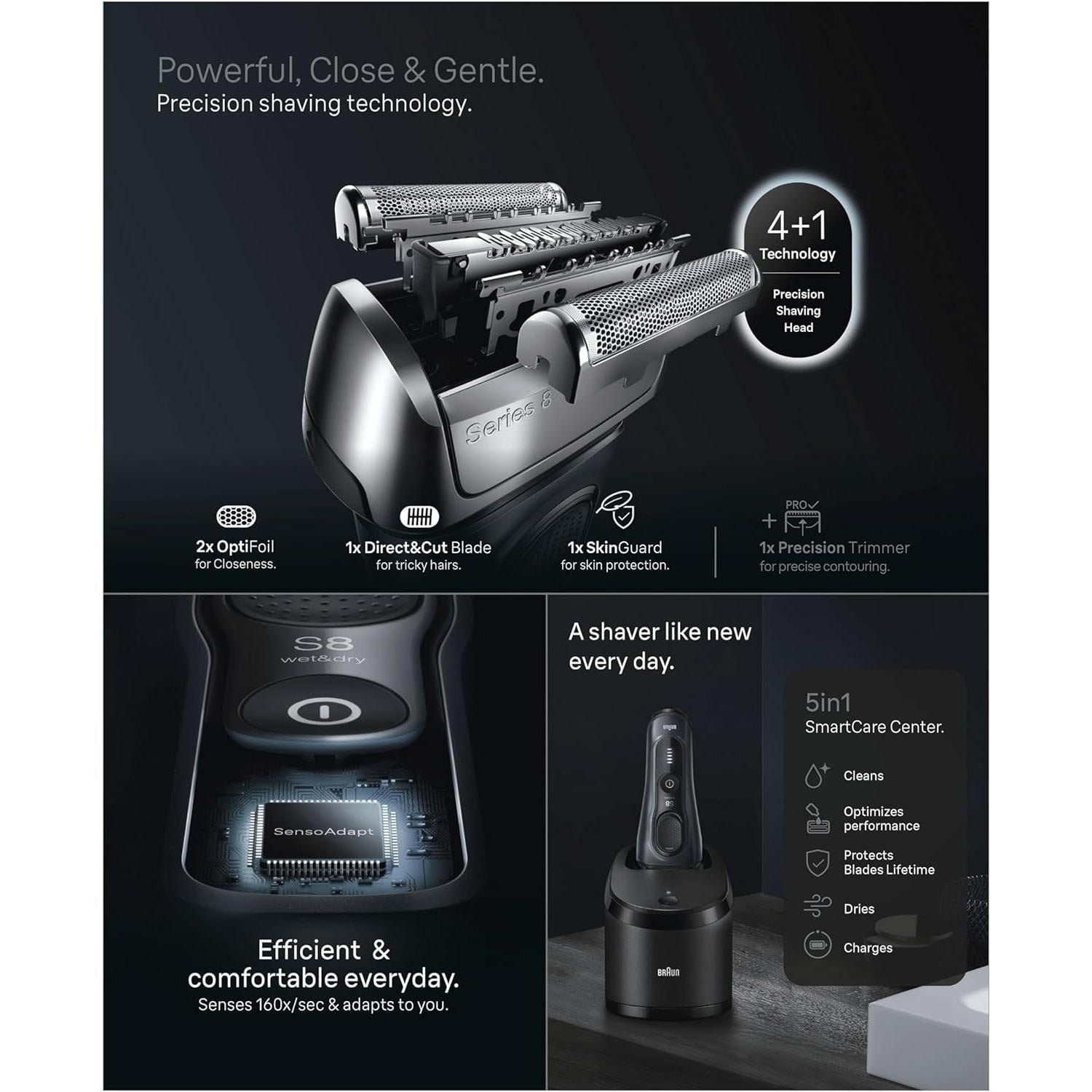 Braun Series 8 Electric Shaver for Men, Wet & Dry Razor with 4+1 Precision Head & Trimmer, 5in1 SmartCare Center, 8663CC, Grey