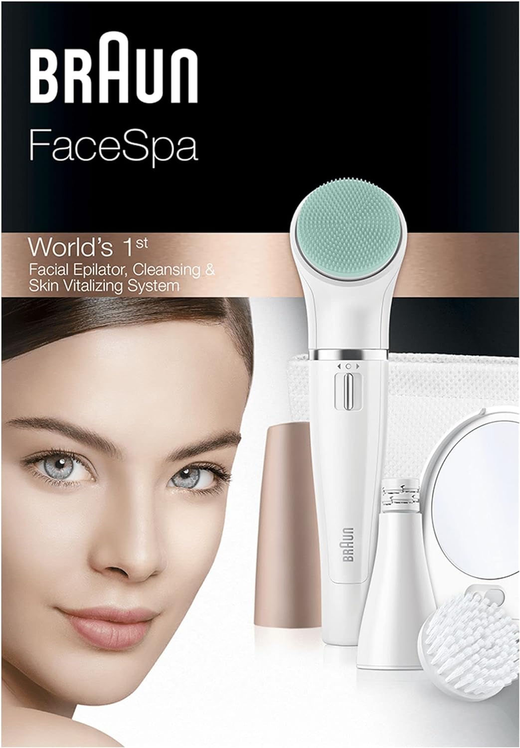 Braun FaceSpa Face Epilator, Hair Removal with Facial Cleansing Brush Head, Lighted Mirror and Beauty Pouch, 851V, White