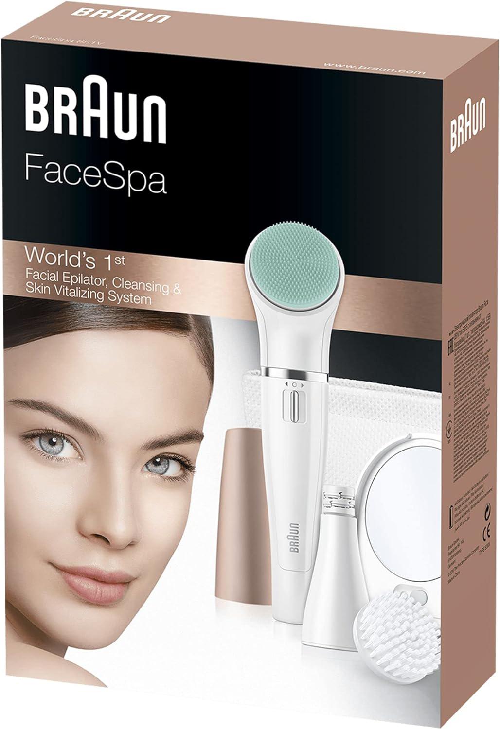 Braun FaceSpa Face Epilator, Hair Removal with Facial Cleansing Brush Head, Lighted Mirror and Beauty Pouch, 851V, White