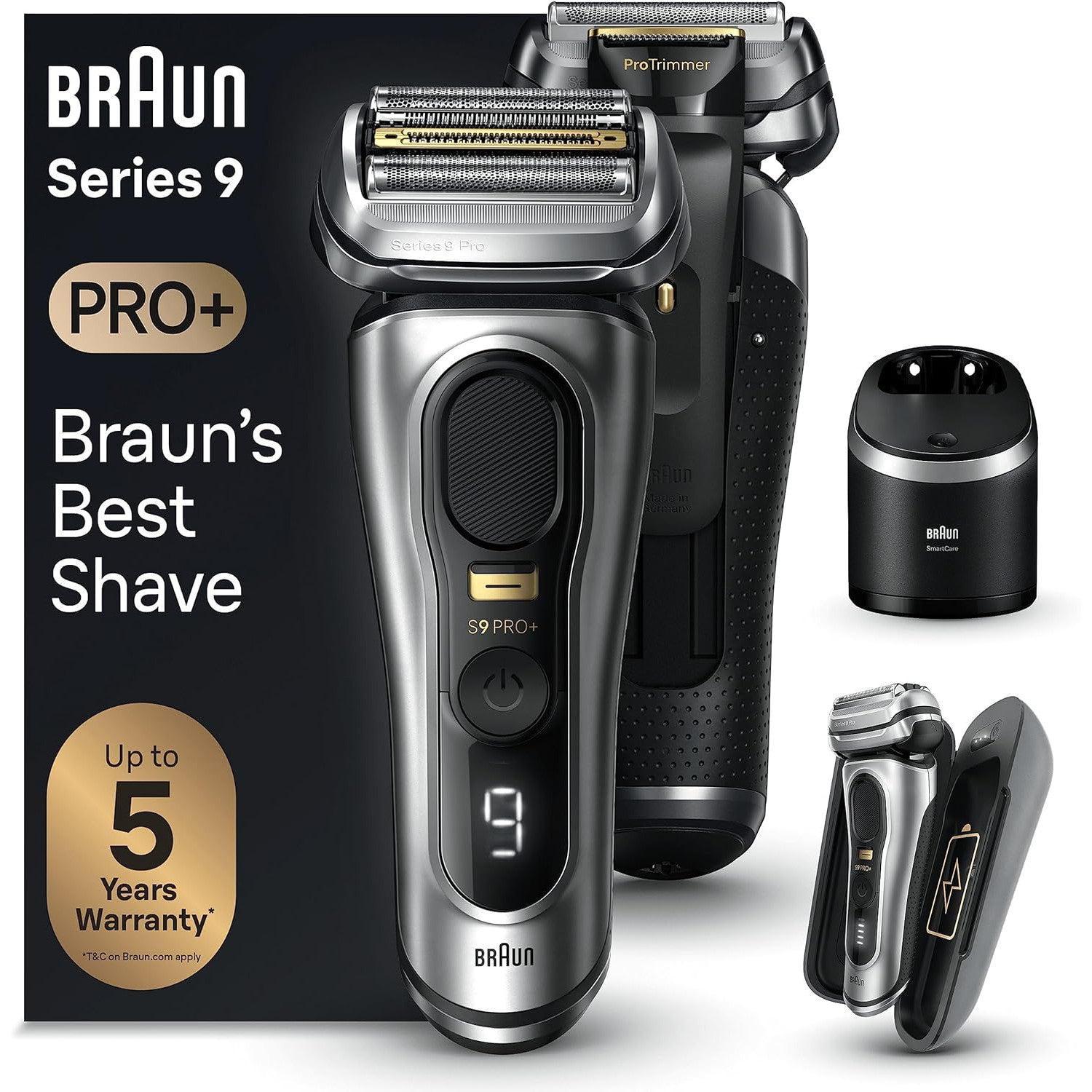 Braun Series 9 Pro+ 9477cc Wet & Dry Shaver with 5-in-1 SmartCare center and PowerCase, silver.
