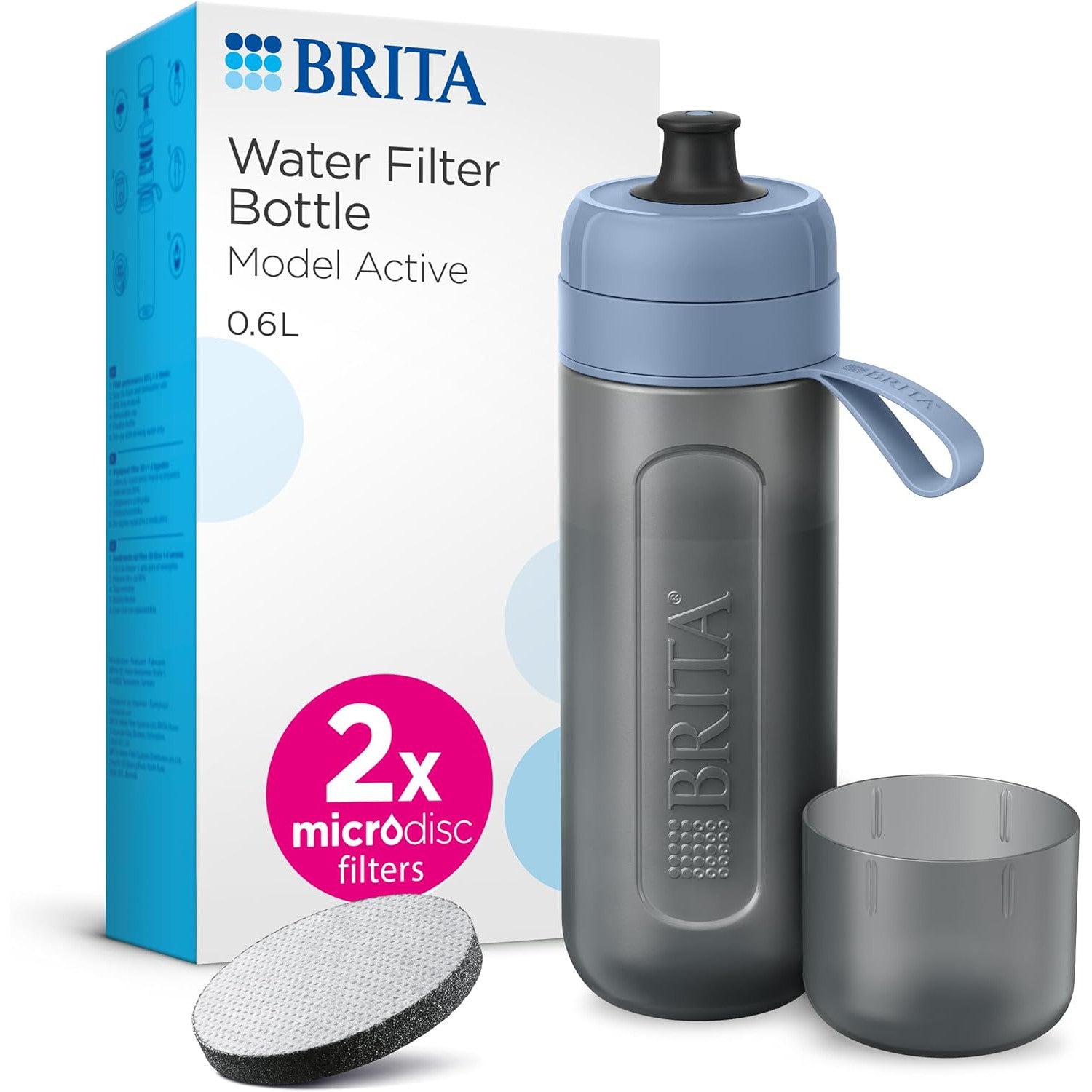 BRITA Sports Water Filter Bottle Model Active Dark Blue 600ml - squeezable BPA-free on-the-go bottle