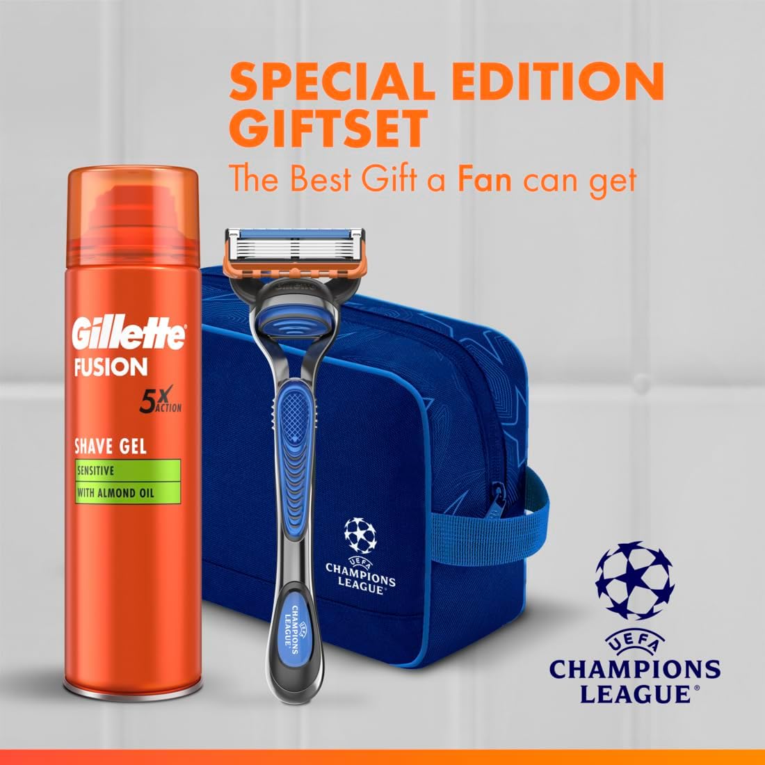 Gillette Fusion5 UCL Razor For Men, 1 Gillette Razor, 3 Replacement blades, Sensitive Shave Gel 200ml, UCL Washbag