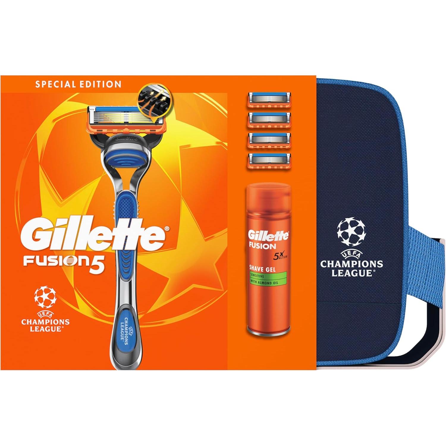 Gillette Fusion5 UCL Razor For Men, 1 Gillette Razor, 3 Replacement blades, Sensitive Shave Gel 200ml, UCL Washbag
