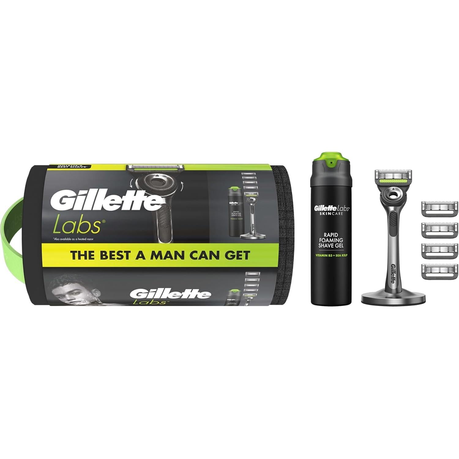 Gillette Labs With Exfoliating Bar Razor, 1 Handle, 5 Blades, Includes Premium Magnetic Stand, Gillette Labs Shave Gel, Washbag Gift set