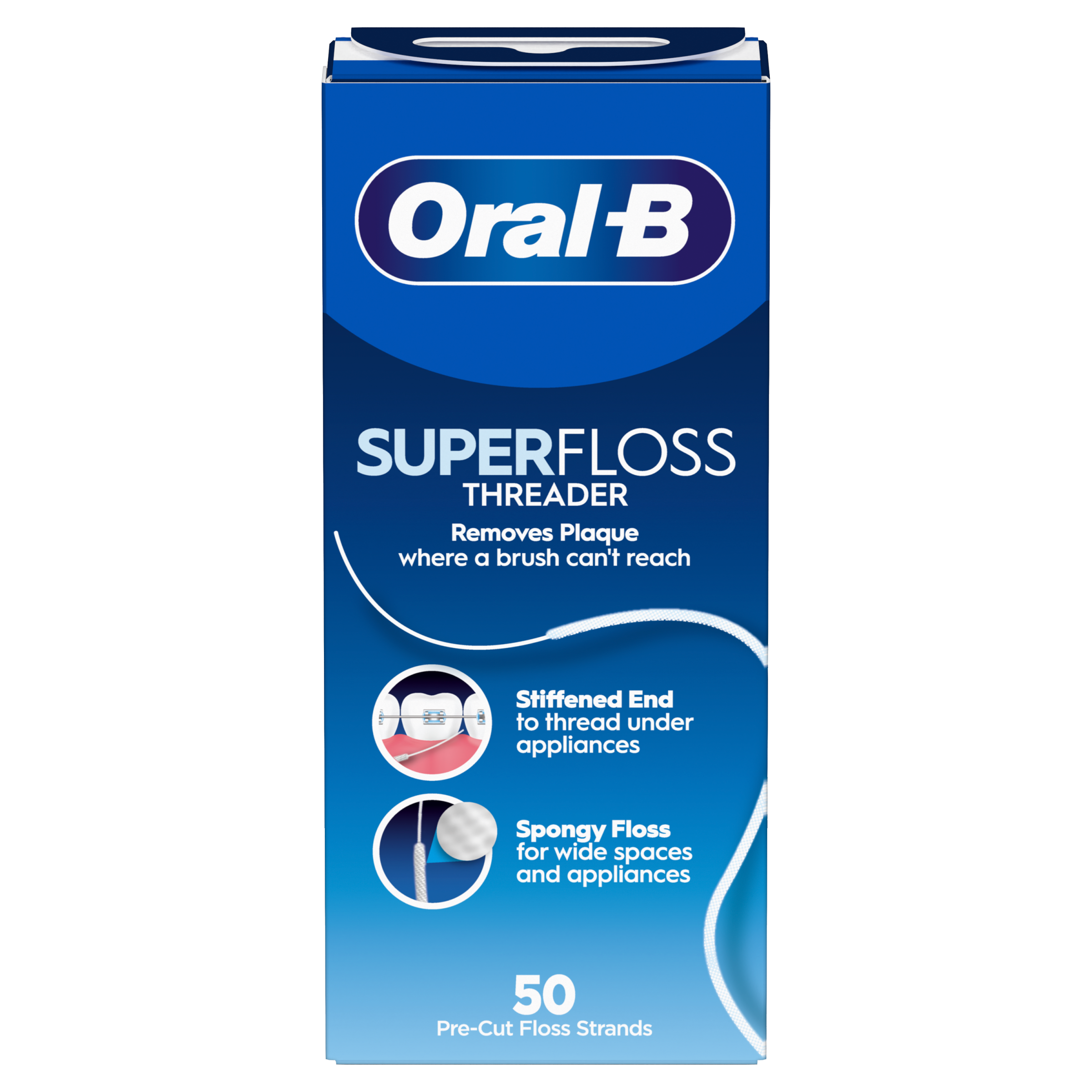 Oral-B Super Floss Threader Pre-Cut Dental Floss Strands - Stiffened End - Removes Plaque where a brush can't reach