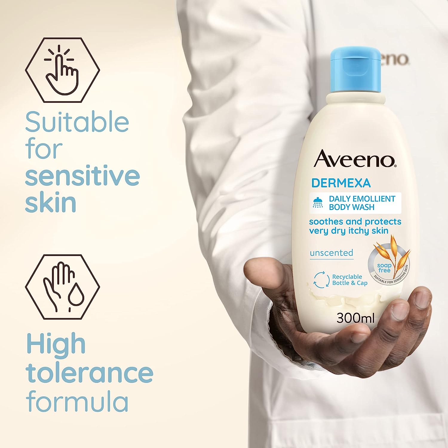 Aveeno Dermexa Daily Emollient Body Wash, Gently cleanses and Soothes, For Very Dry Itchy Also Eczema Prone Skin, 300 ml
