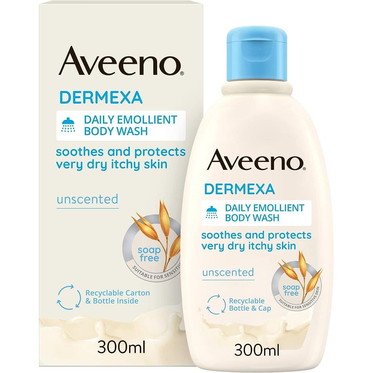 Aveeno Dermexa Daily Emollient Body Wash, Gently cleanses and Soothes, For Very Dry Itchy Also Eczema Prone Skin, 300 ml