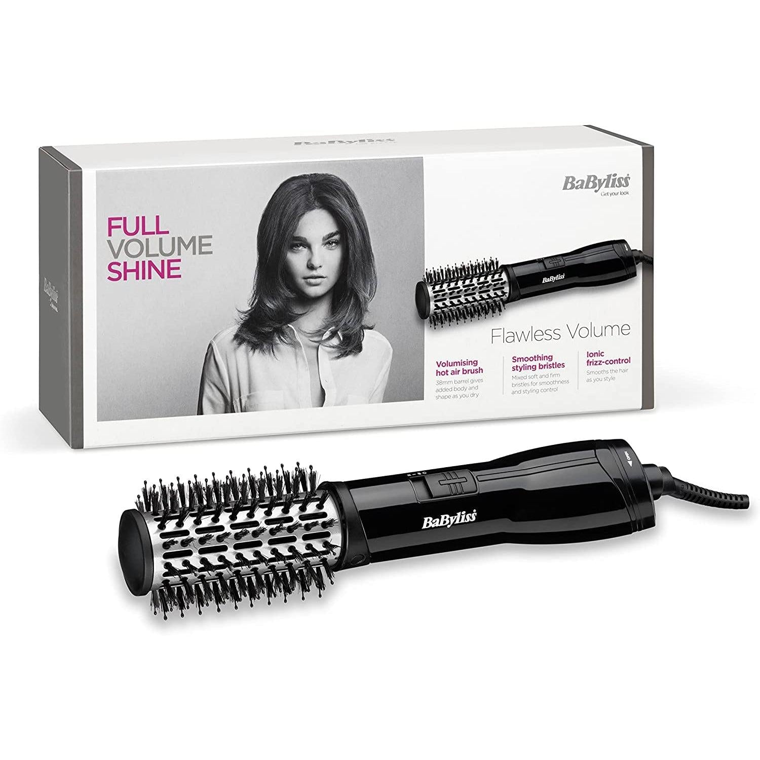 BaByliss Flawless Volume Hot Air Brush, Ionic, Dry and Style, 38mm Titanium-ceramic barrel