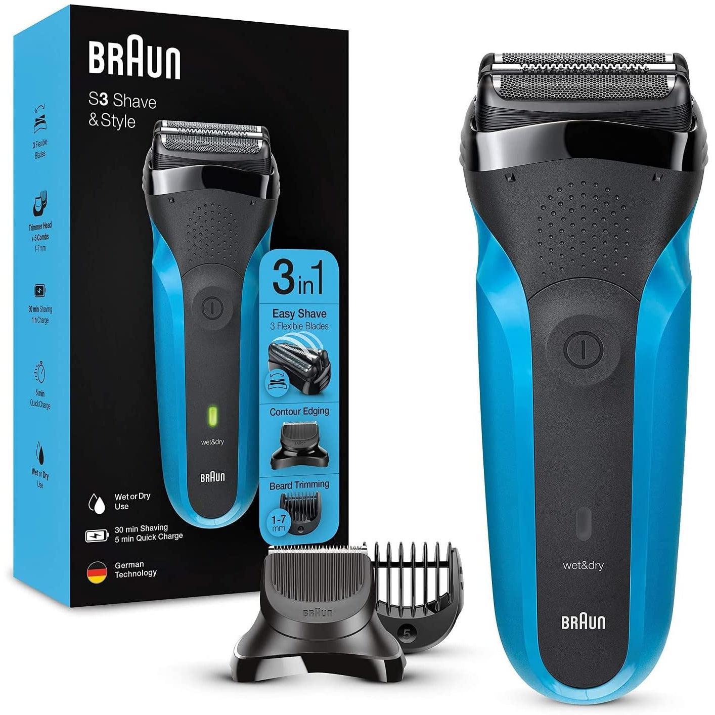 Braun Series 3 310BT - 3-in-1 Electric Shaver, Beard Trimmer with 5 Comb Attachments, Wet & Dry Black/Blue