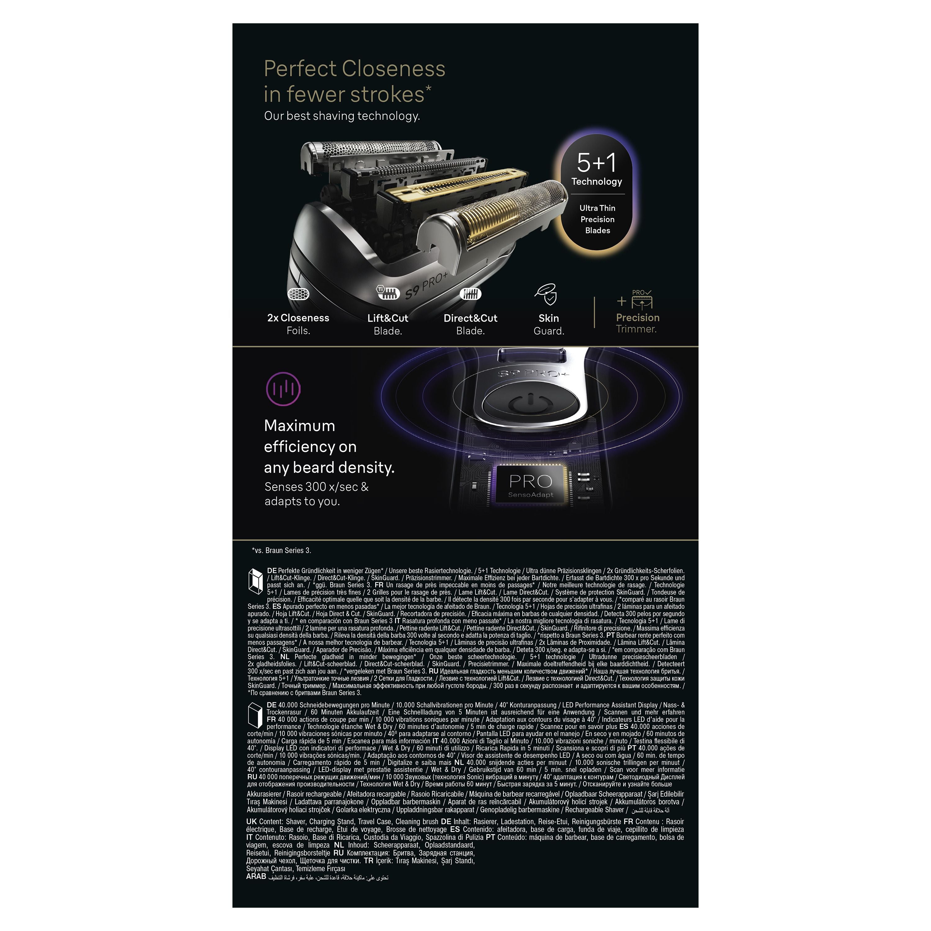 Braun Series 9 PRO+ Electric Shaver, Pro SensoAdapt, Charging Stand, 9610S, Black