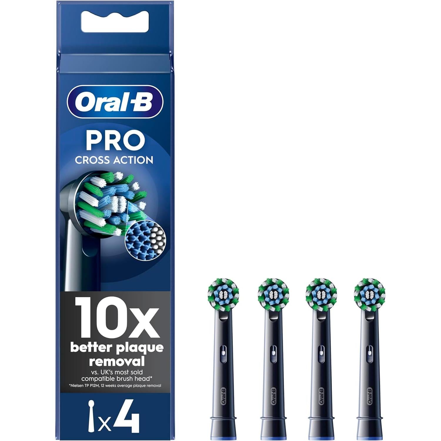 Oral-B Pro Cross Action 4pk Replacement Toothbrush Head, X-Shape and Angled Bristles for Deeper Plaque Removal - Black