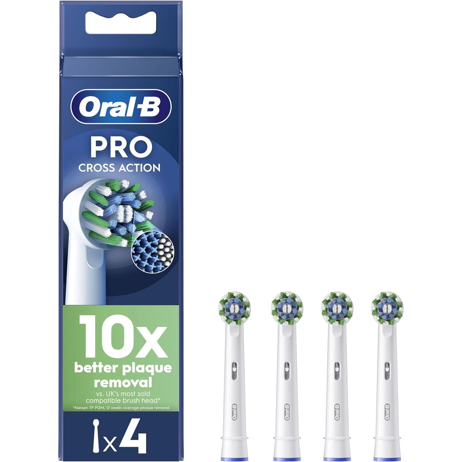 Oral-B Pro Cross Action 4pk Replacement Toothbrush Head, X-Shape and Angled Bristles for Deeper Plaque Removal, Pack of 4