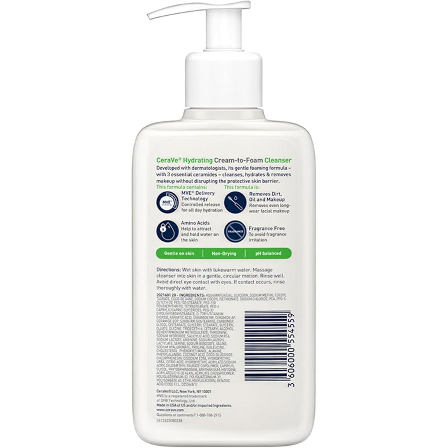 CeraVe Cream-to-Foam Cleanser With Amino Acids, 3 Essential Ceramides, Hyaluronic Acid, For Normal to Dry Skin, Fragrance Free 236ml