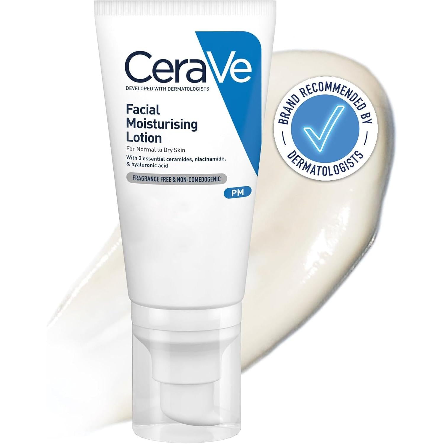 CeraVe PM Facial Moisturising Lotion, face moisturiser for all skin types, normal and dry skin, 52ml
