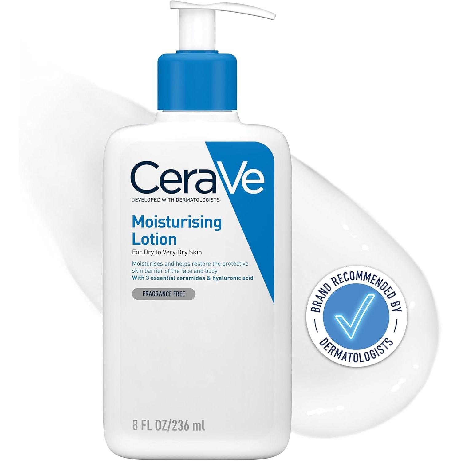 CeraVe Moisturising Lotion, for normal to very dry skin, Enriched with 3 Essential Ceramides, Hyaluronic Acid and MVe technology, CeraVe face moisturiser, Daily Hydrating Moisturiser, 236ml