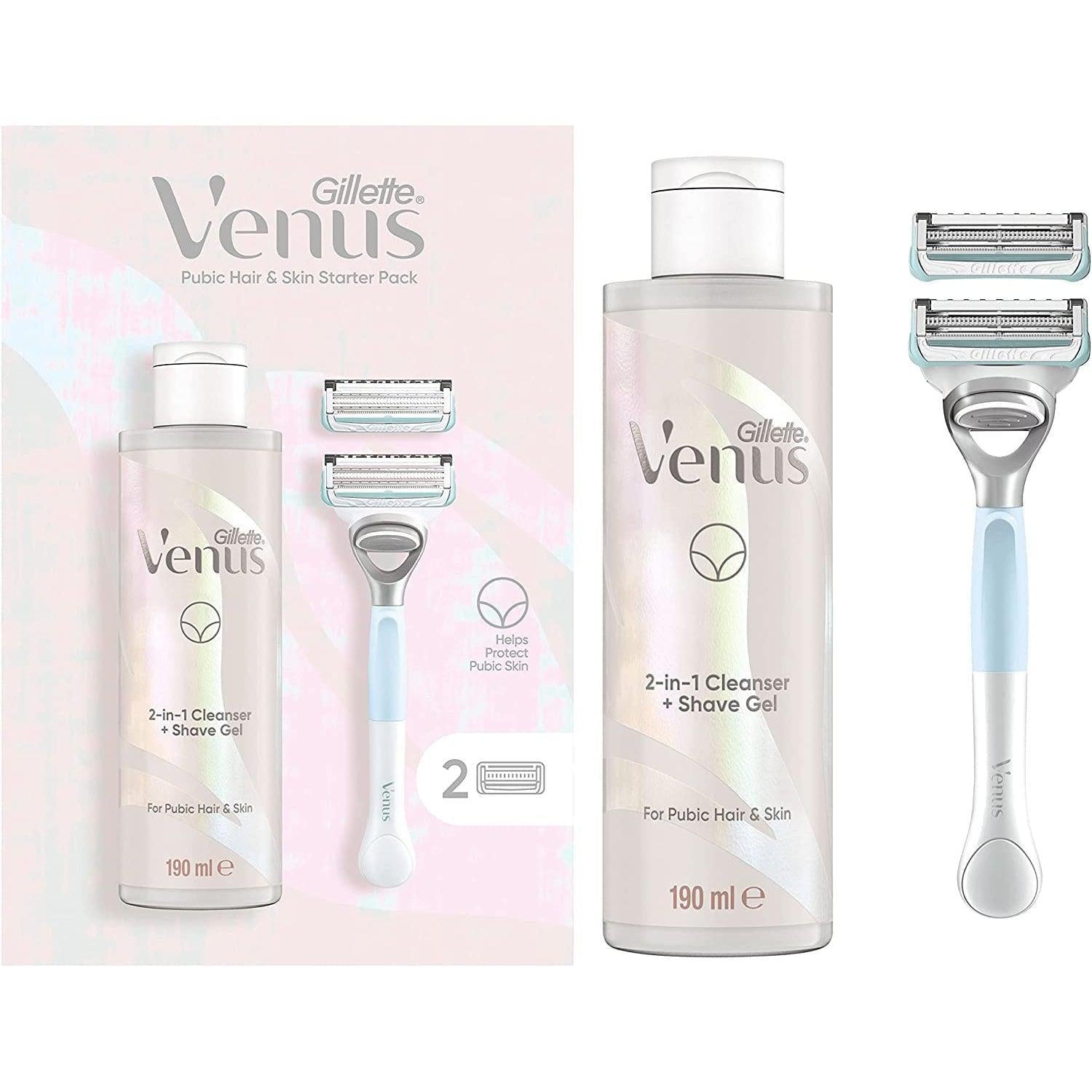 Gillette Venus for Pubic Hair & Skin Women's Razor, 2 Blade Refills and 2in1 Shave Gel and Cleanser 190ml