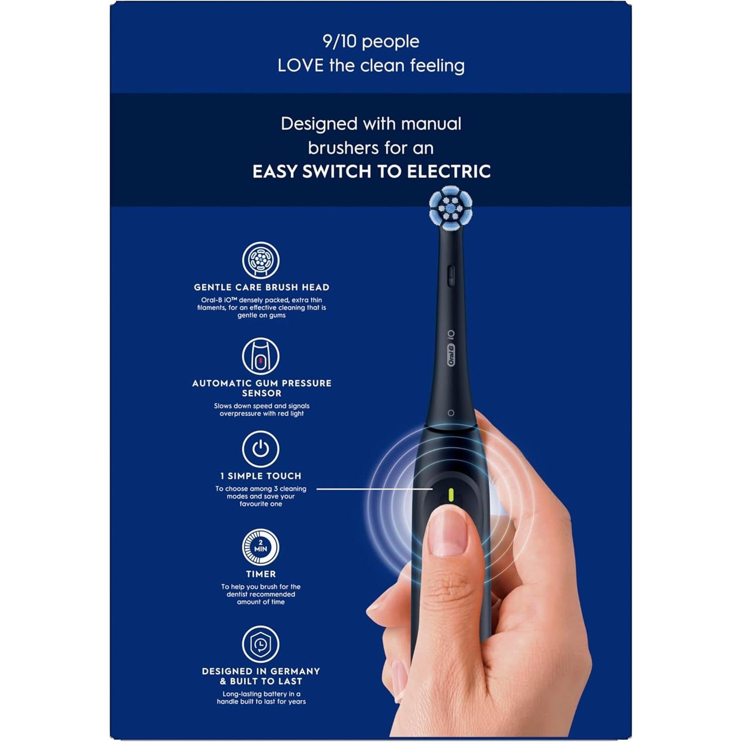 Oral-B iO2 Night Black Electric Toothbrush, 1 Ultimate Clean Toothbrush Head, 1 Travel Case, Designed by Braun