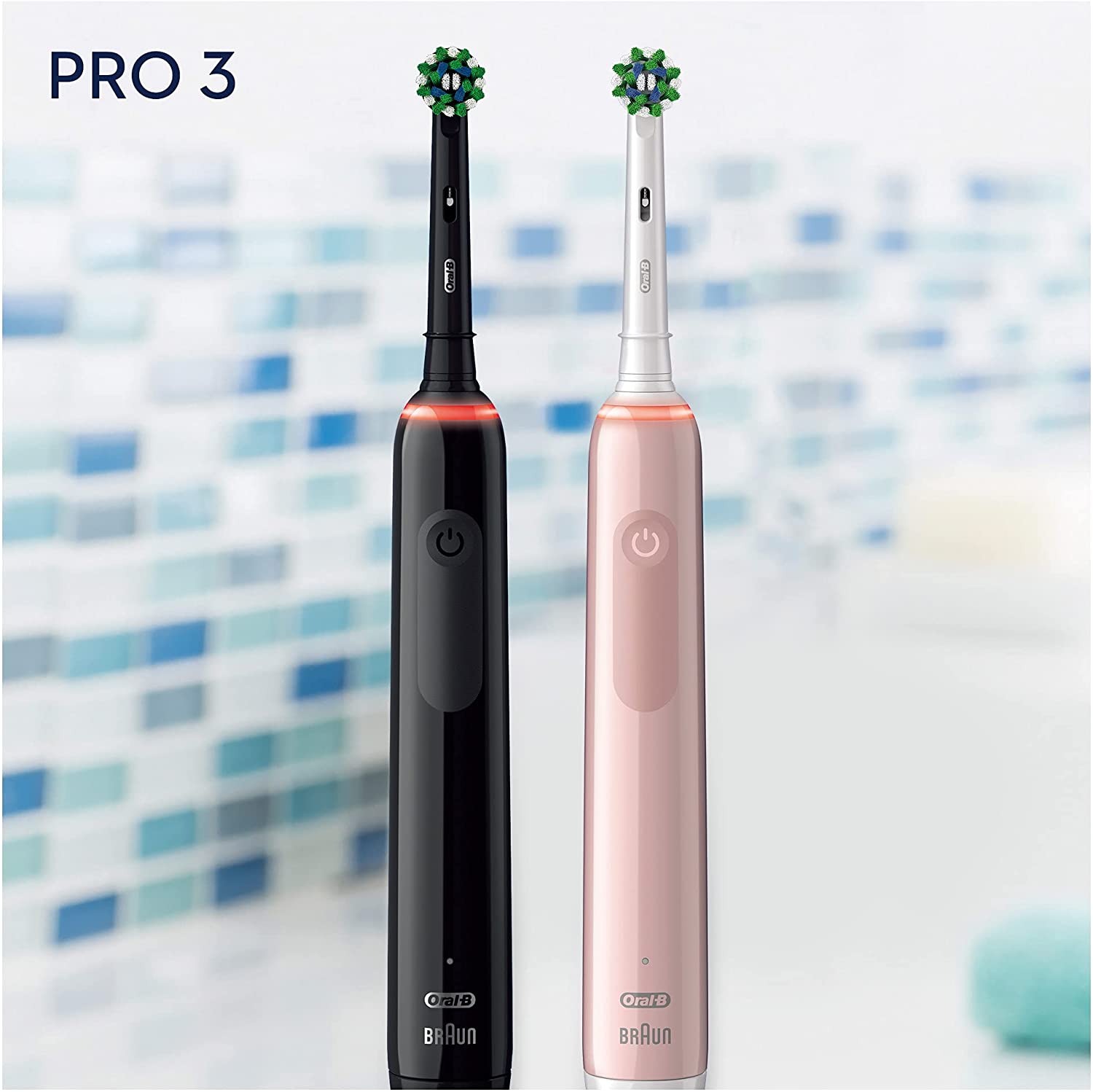 Oral-B Pro 3 - 3900 - Set of 2 Electric Toothbrushes Pink & Black, 2 Handles with Visible Pressure Sensor, 2 Toothbrush Heads