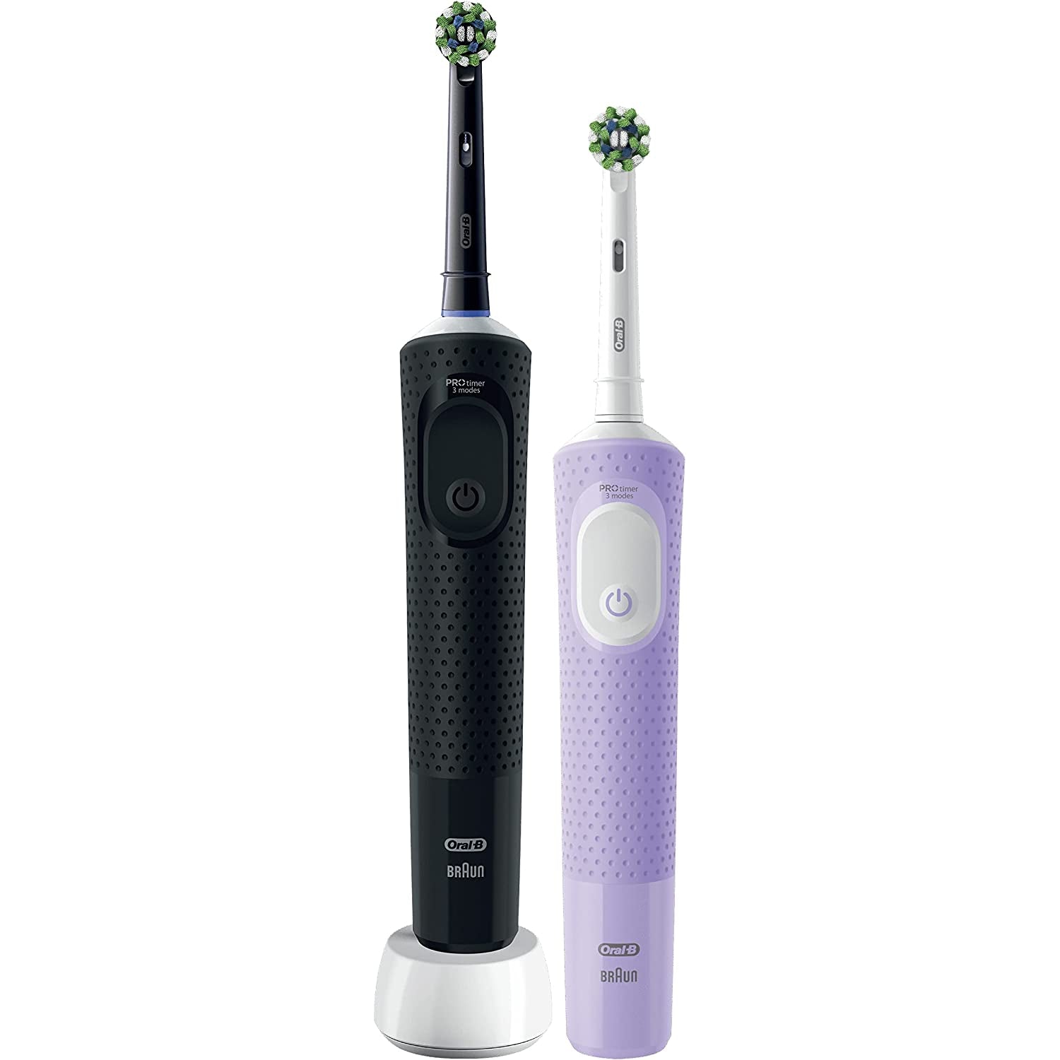 Oral-B Vitality Pro 2 x Electric Toothbrushes, 2 Toothbrush Heads, 3 Brushing Modes Including Sensitive Plus - Black & Purple