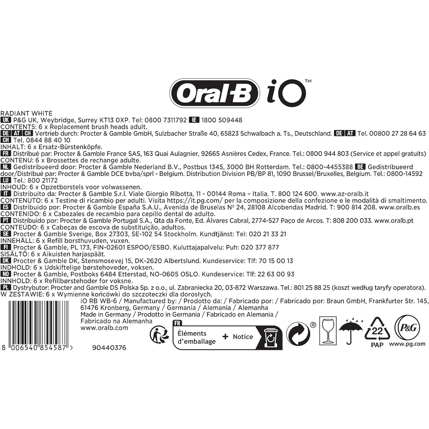 Oral-B iO 6pk Radiant White Replacement Toothbrush Heads Black, Angled Bristles Deeper Plaque Removal, with Polishing Petals for Teeth Whitening