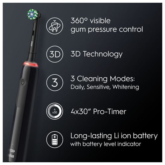 Oral-B Pro 3 Cross Action Electric Toothbrush , Smart Pressure Sensor, 2 x Toothbrush Head, 3 Modes