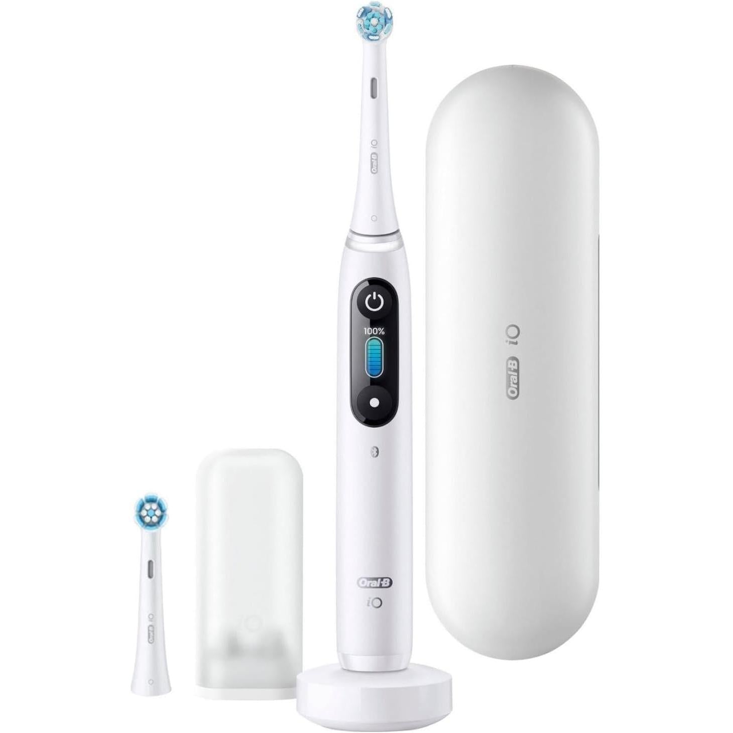 Oral-B iO8 Electric Toothbrush with 2 Replacement Toothbrush Heads, 6 Cleaning Modes Travel Case , White Alabaster