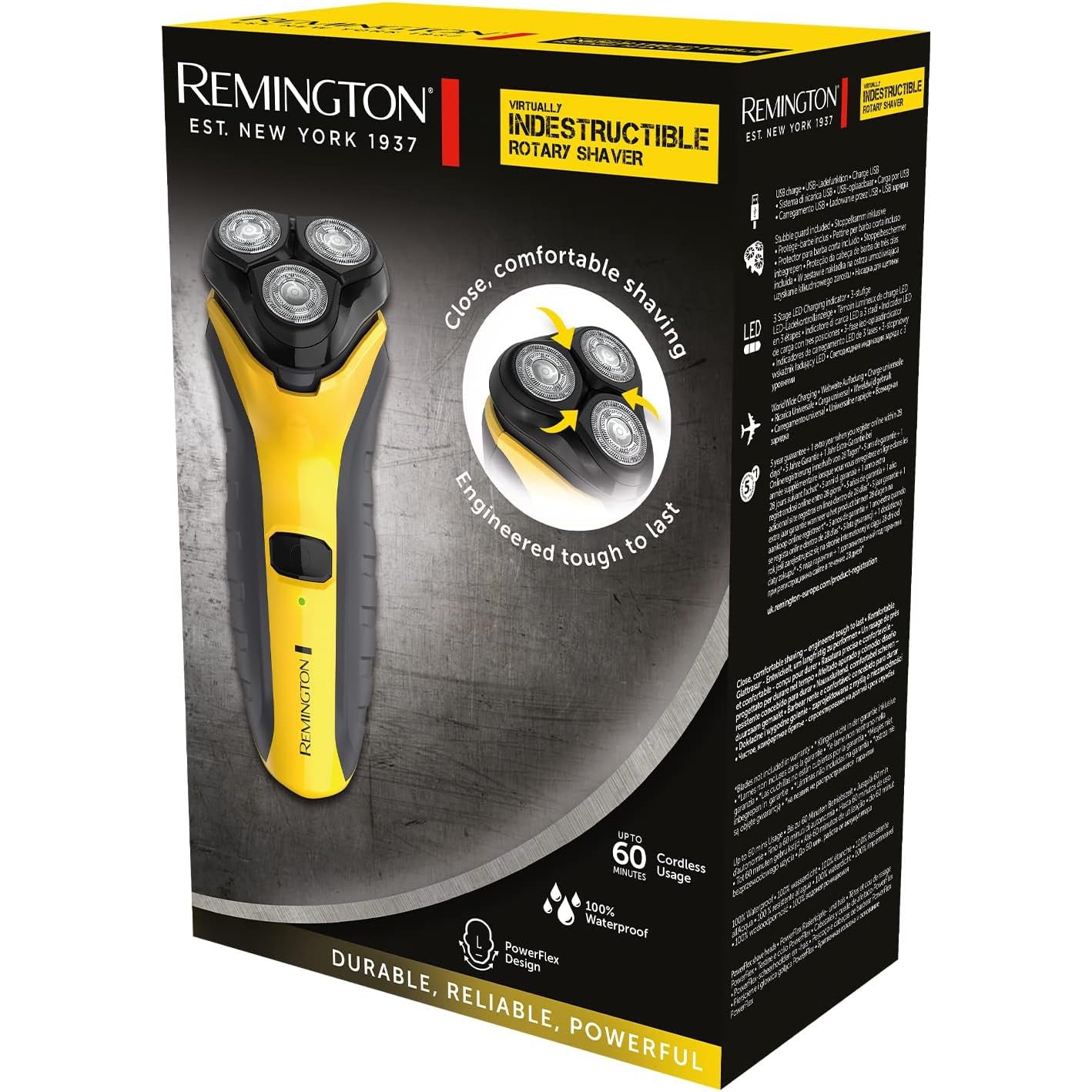 Remington Virtually Indestructible Men's Electric Shaver (Cordless, Wet & Dry, Rotary Shaver, Pop-up Detail Trimmer,USB , 60-Minute Usage) PR1855