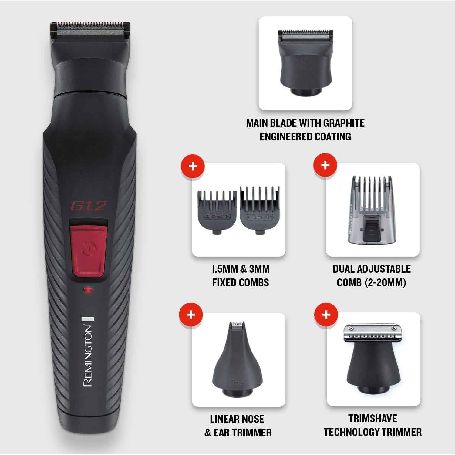 Remington 12-in-1 All-in-One Trimmer, Multi-Grooming Kit for Face, Beard, Body & Hair, 6 Attachments, Precision Detail, Nose & Ear, USB – PG2120