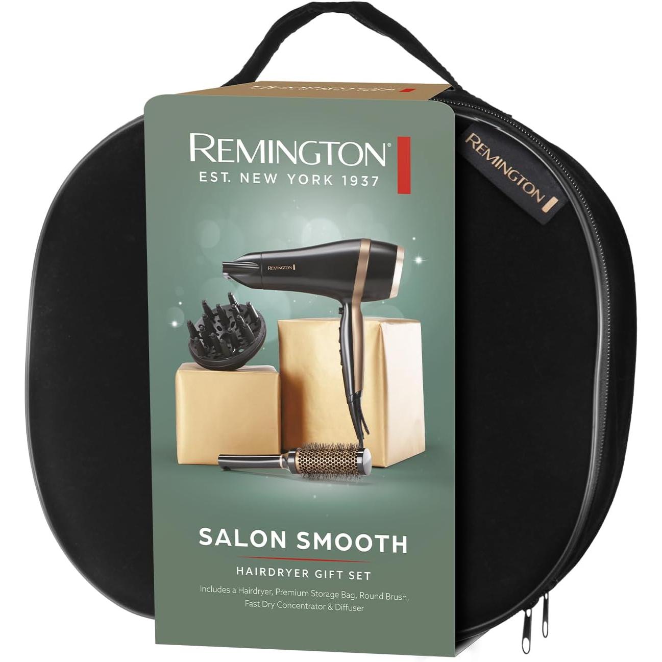 Remington Hair Dryer (Gift Set with Concentrator & Diffuser, Ceramic Ionic Grille, 3 Heat & 2 Speed Settings and Cool Shot, Premium Storage Bag, Round Brush, 2000W) Salon Smooth D6960GP