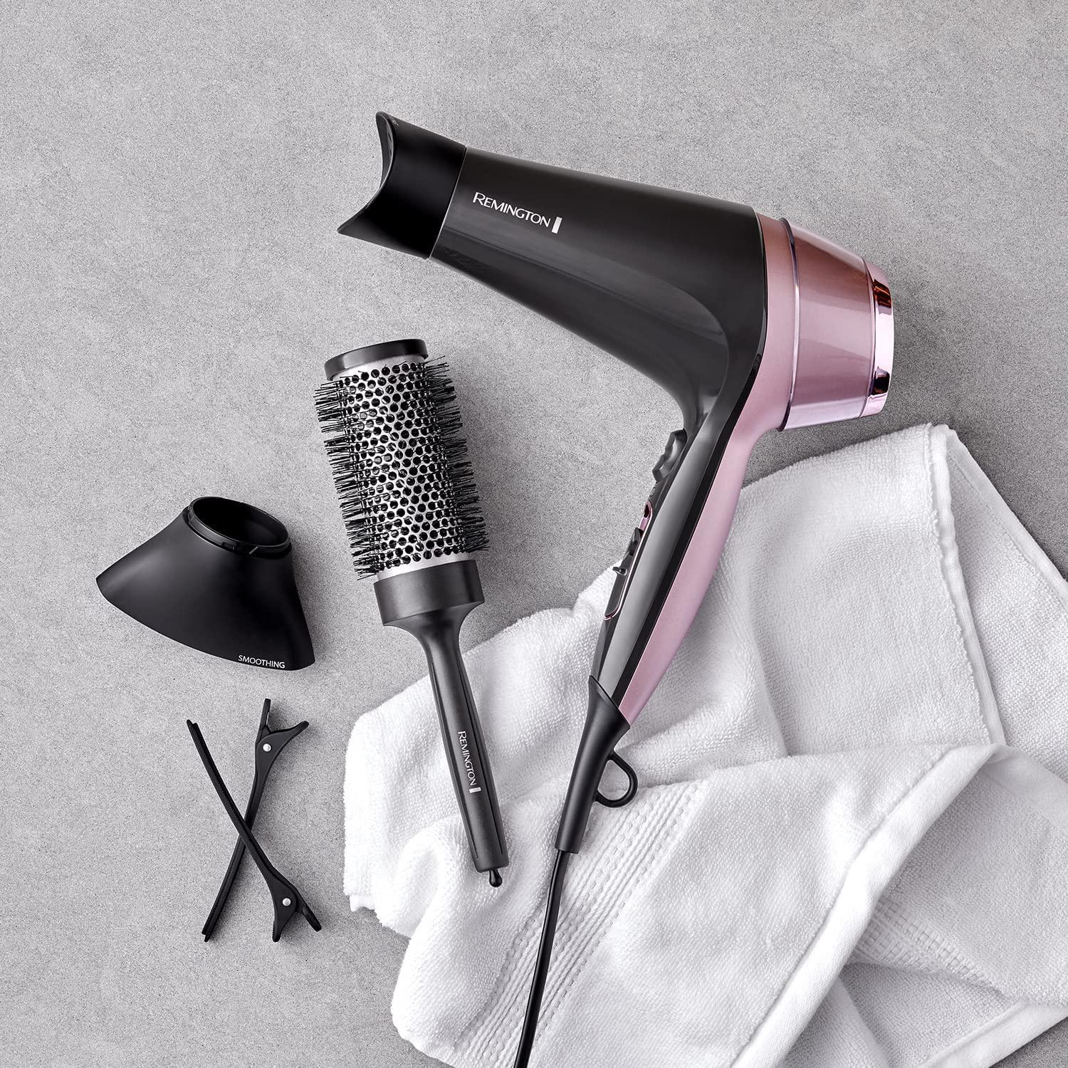 Remington Curl & Straight Hairdryer, Lightweight Ionic Dryer + Diffuser, Curling Nozzle, Smoothing Nozzle & Hair Brush- D5706