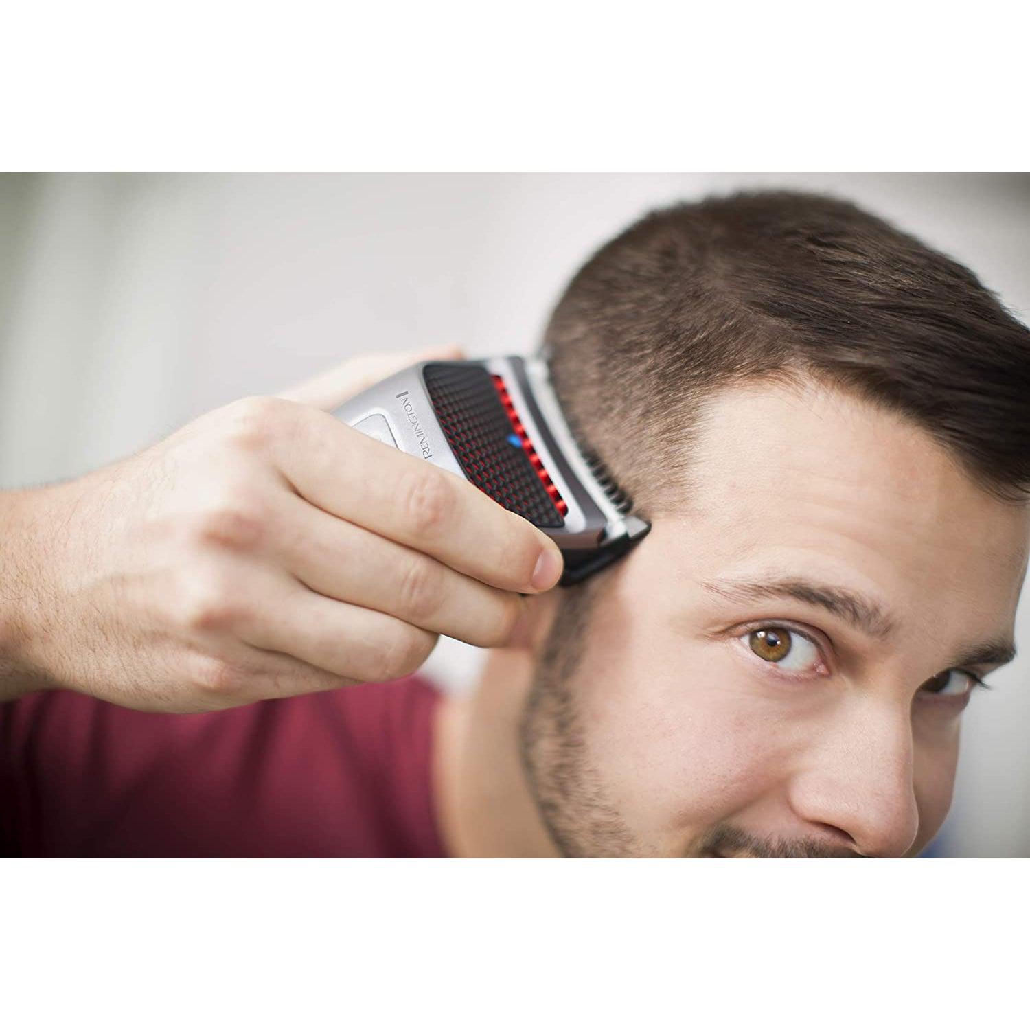 Remington Quick Cut Hair Clippers -9 Comb Lengths Curved Blade with Storage Pouch - HC4250, Black/Red