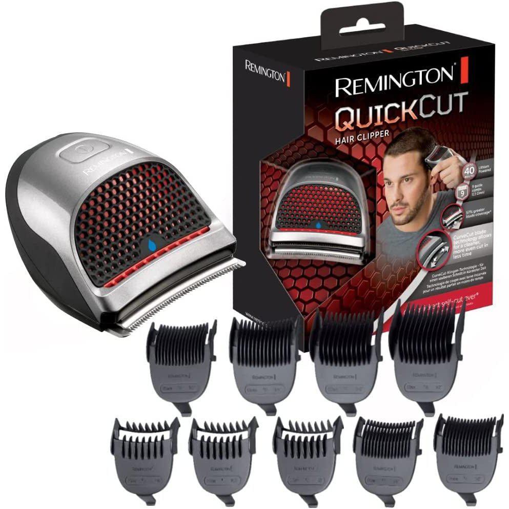 Remington Quick Cut Hair Clippers -9 Comb Lengths Curved Blade with Storage Pouch - HC4250, Black/Red