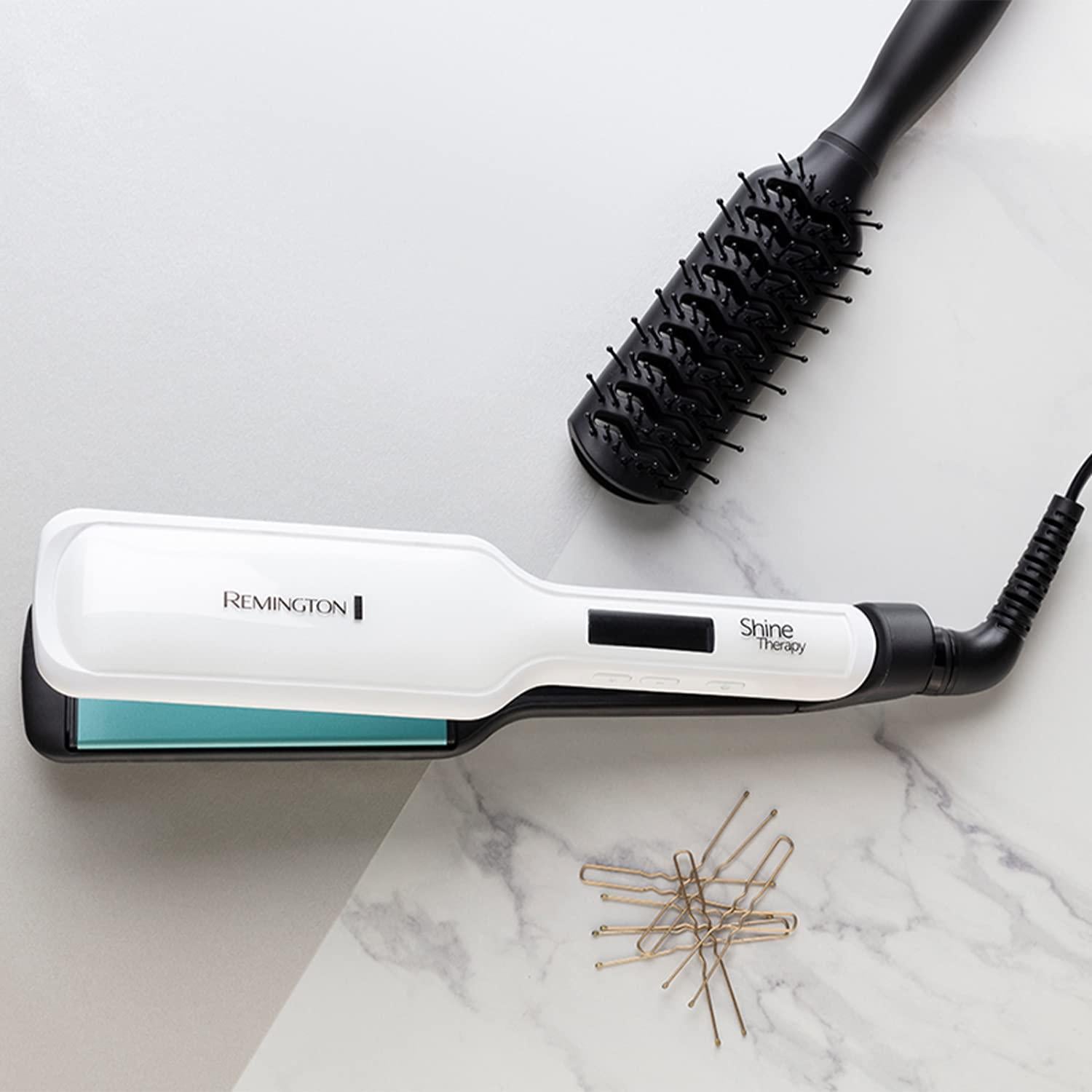 Remington Shine Therapy Wide Plate Ceramic Hair Straighteners for Longer Thicker Hair with Morrocan Argan Oil - S8550