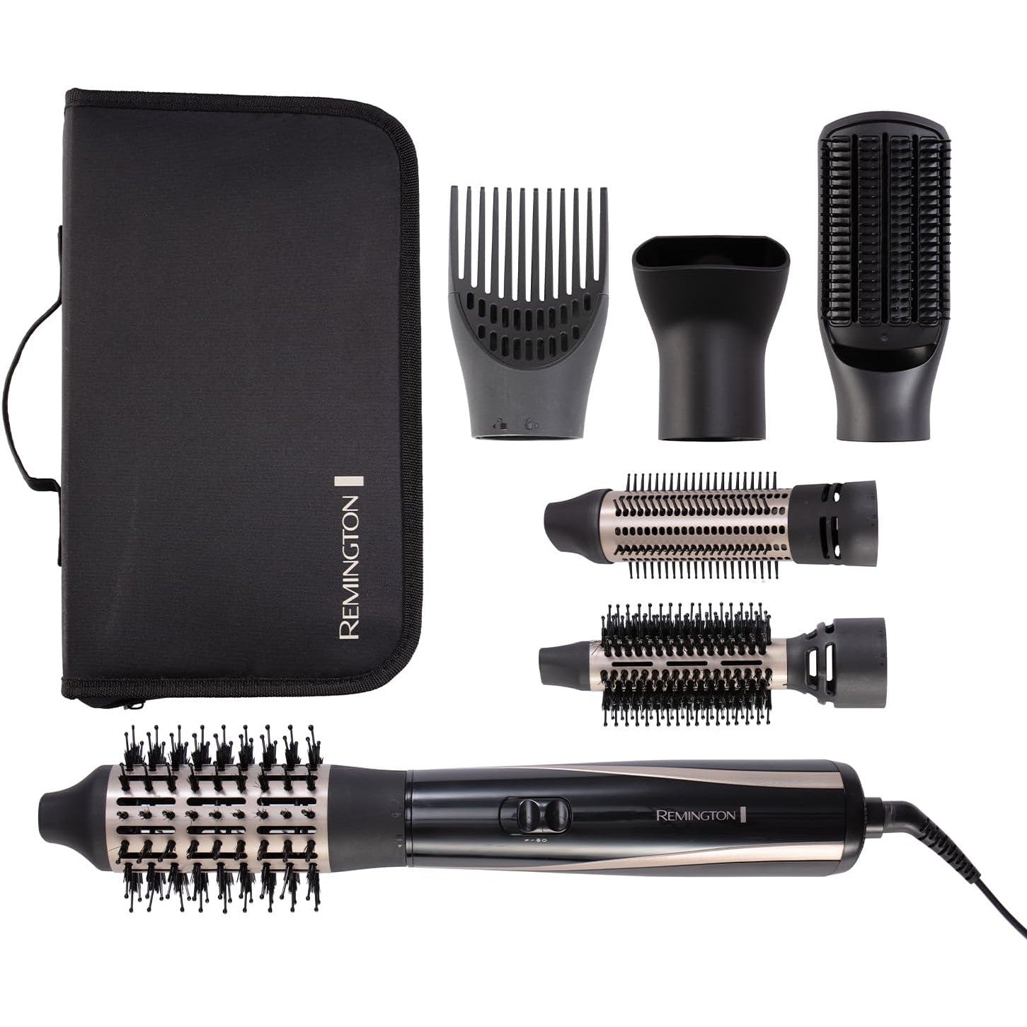 Remington Blow & Dry Caring Air Styler Hot Brush for all hair lengths, with 6 styling attachments - 25mm, 38mm & 50mm Round Brush, Concentrator, Paddle Brush & Root Boost, Storage pouch, 1200W, AS7700
