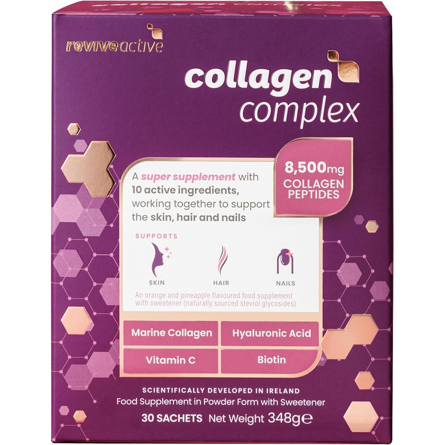 Revive Active Collagen Complex, 8,500mg Marine Collagen with Hyaluronic Acid, 5 Vitamins & 3 Minerals to Support Skin, Hair and Nails, 1 Daily Sachet, 30 Day Supply