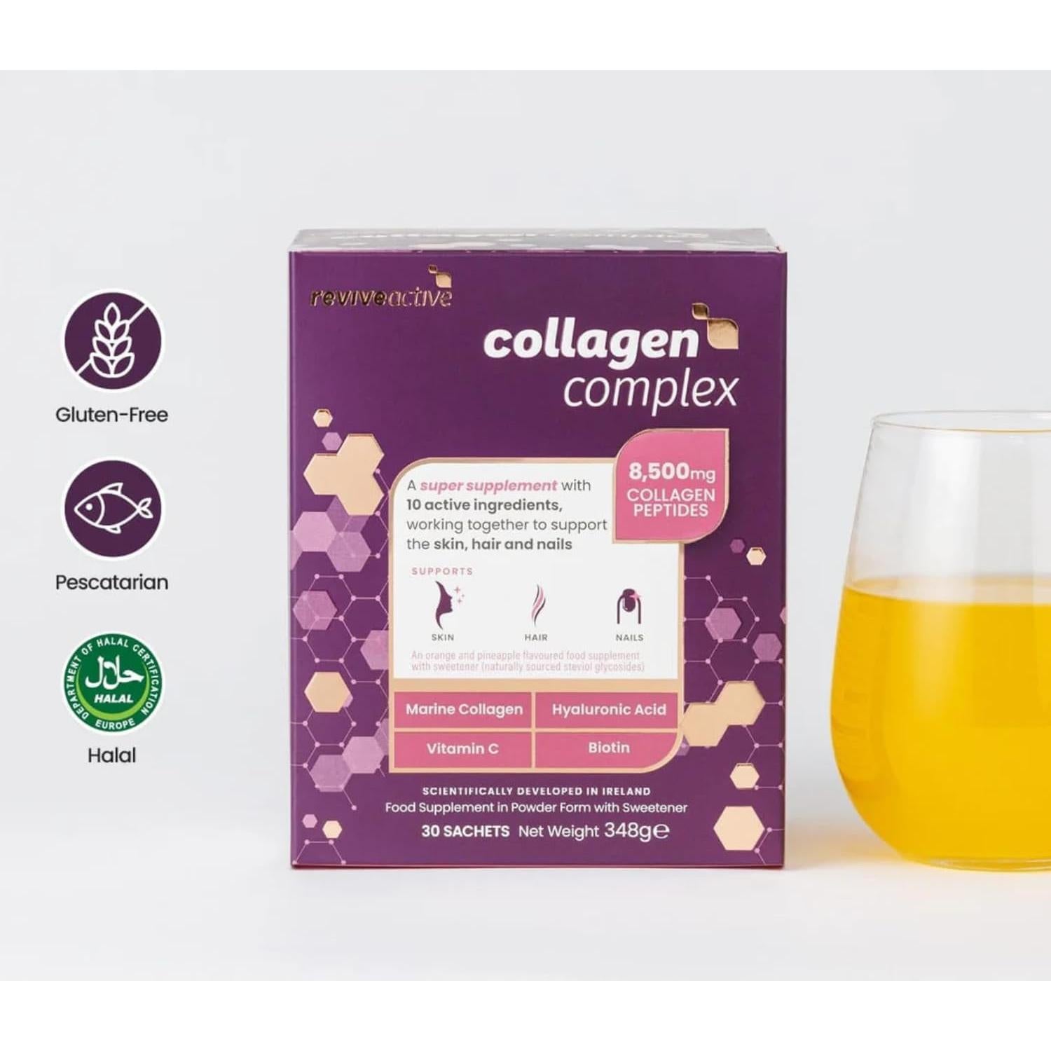 Revive Active Collagen Complex, 8,500mg Marine Collagen with Hyaluronic Acid, 5 Vitamins & 3 Minerals to Support Skin, Hair and Nails, 1 Daily Sachet, 30 Day Supply