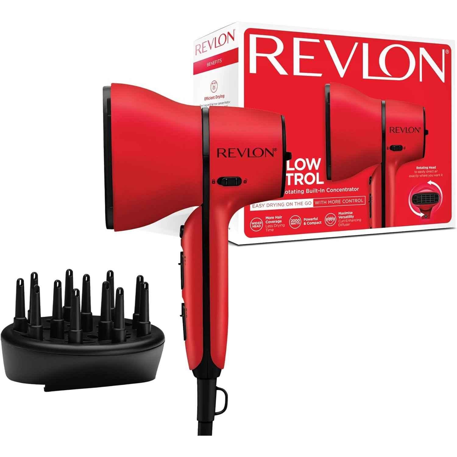 Revlon Airflow Control Dryer Compact Dryer with Rotating Built-in Concentrator and Curl-Enhancing Diffuser, 2000W RVDR5320 - Healthxpress.ie
