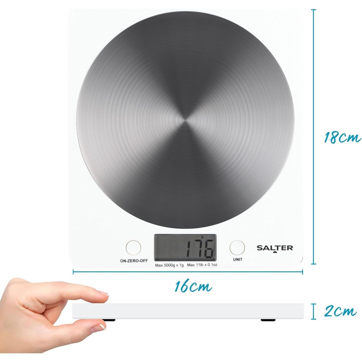 Salter White Disc Digital Kitchen Scale – Electronic Food Scale, Add & Weigh Multiple Ingredients, 5kg Capacity