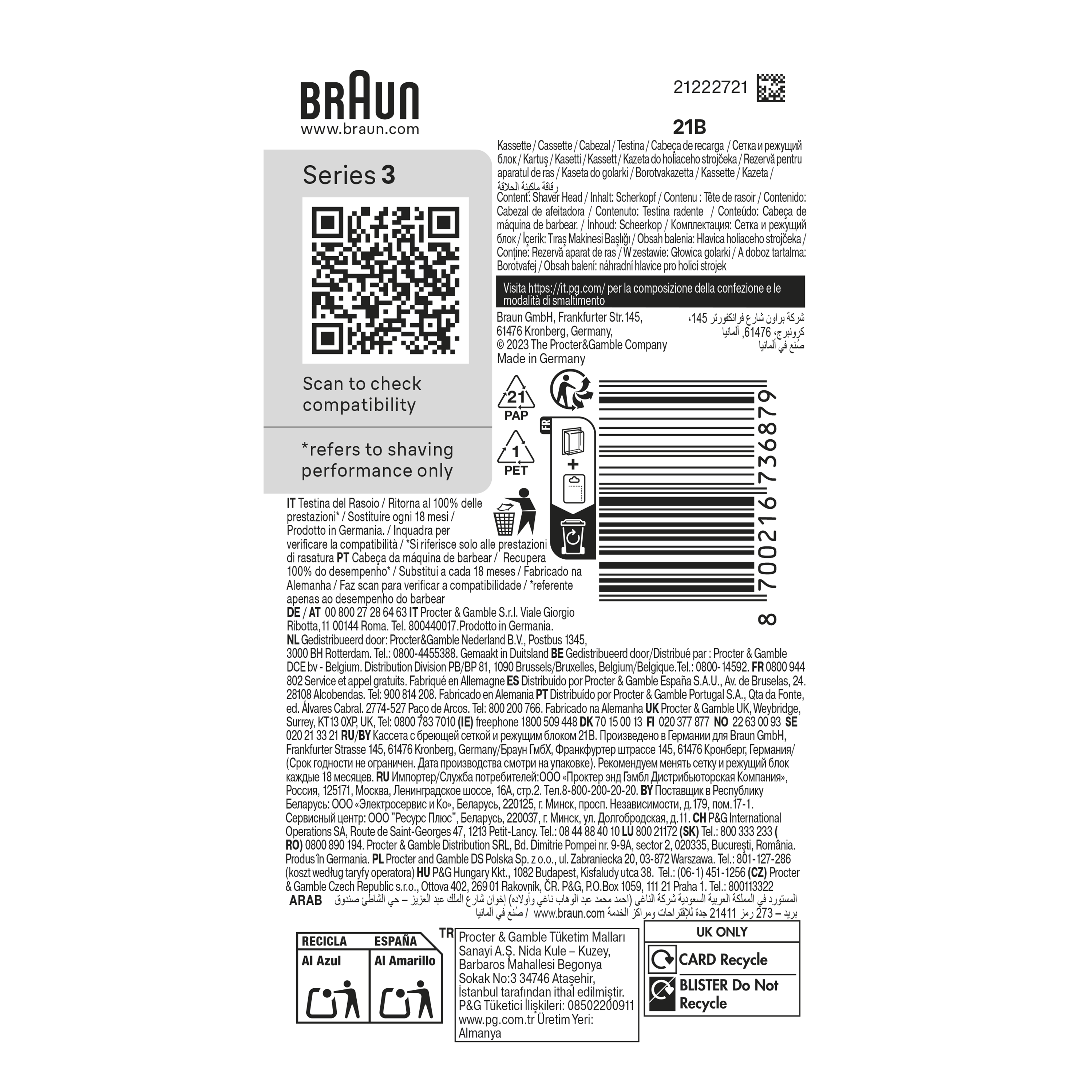 Braun 21B Replacement Foil & Cutter Cassette- Compatible with Series 3 Shavers - Made In Germany