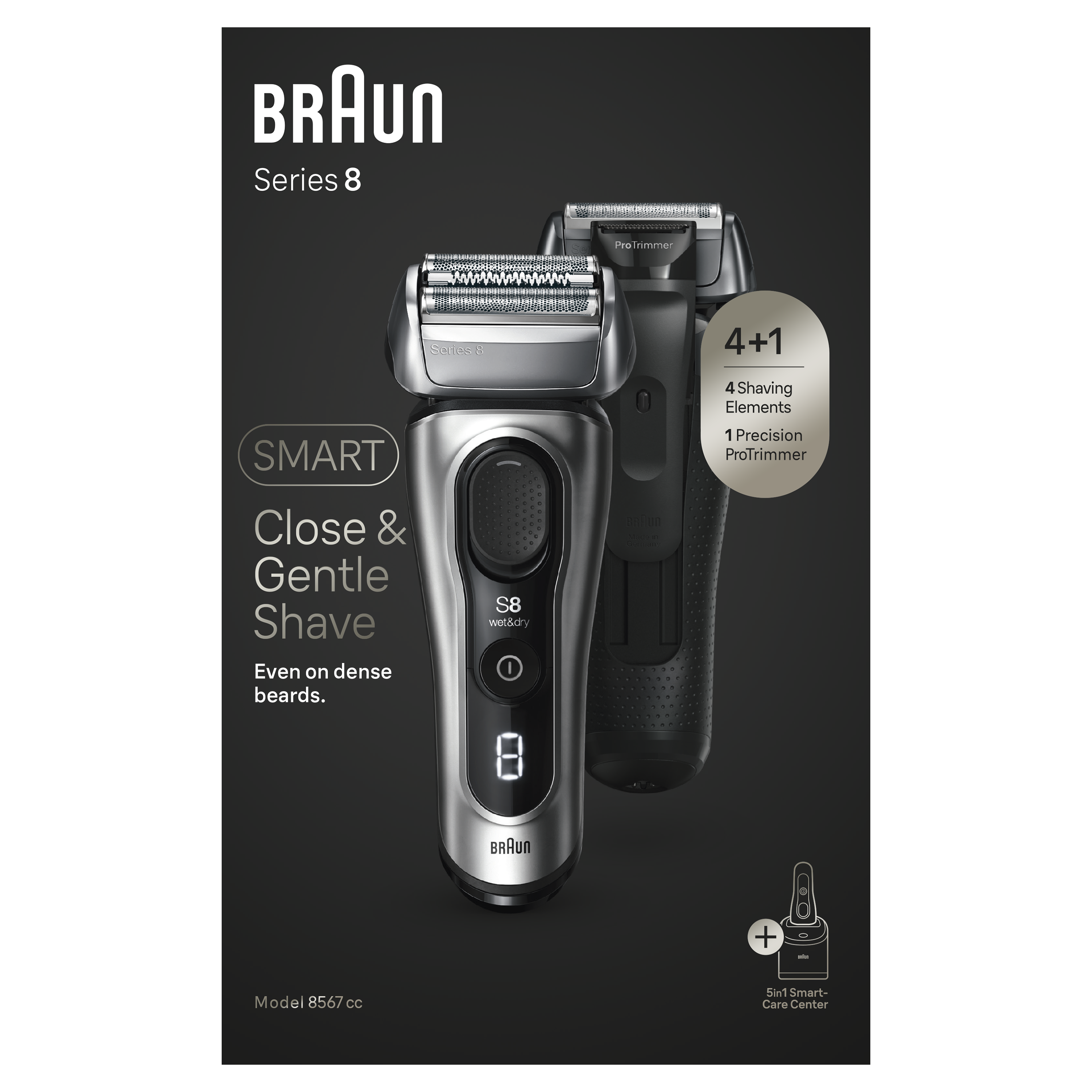 Braun Series 8 Electric Shaver for Men, 4+1 Wet & Dry Electric Razor 8567cc, Silver