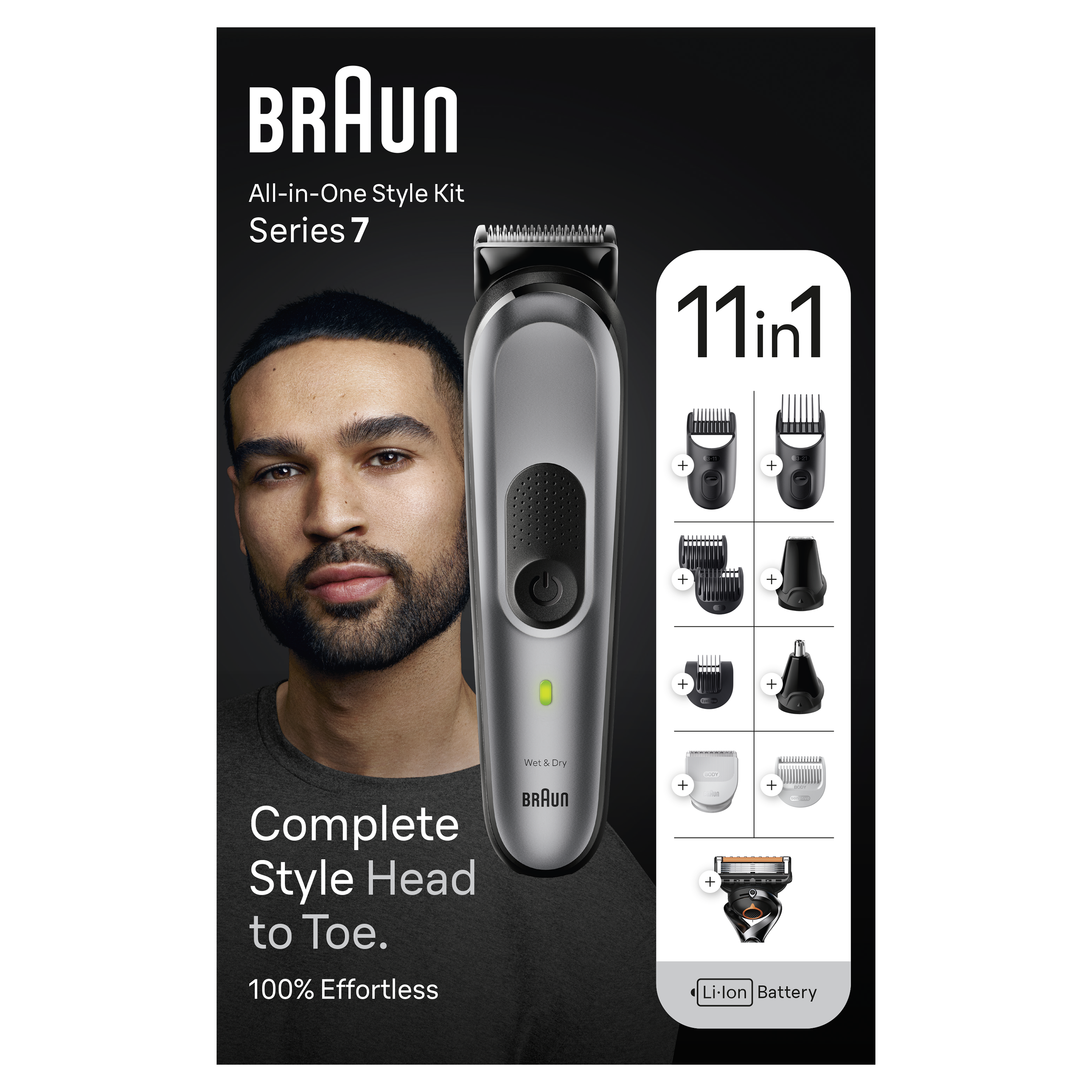 Braun 11-in-1 Style Kit 7 MGK7440 Beard, Body & Hair. With metal blade, 100min Runtime + Pouch, Grey