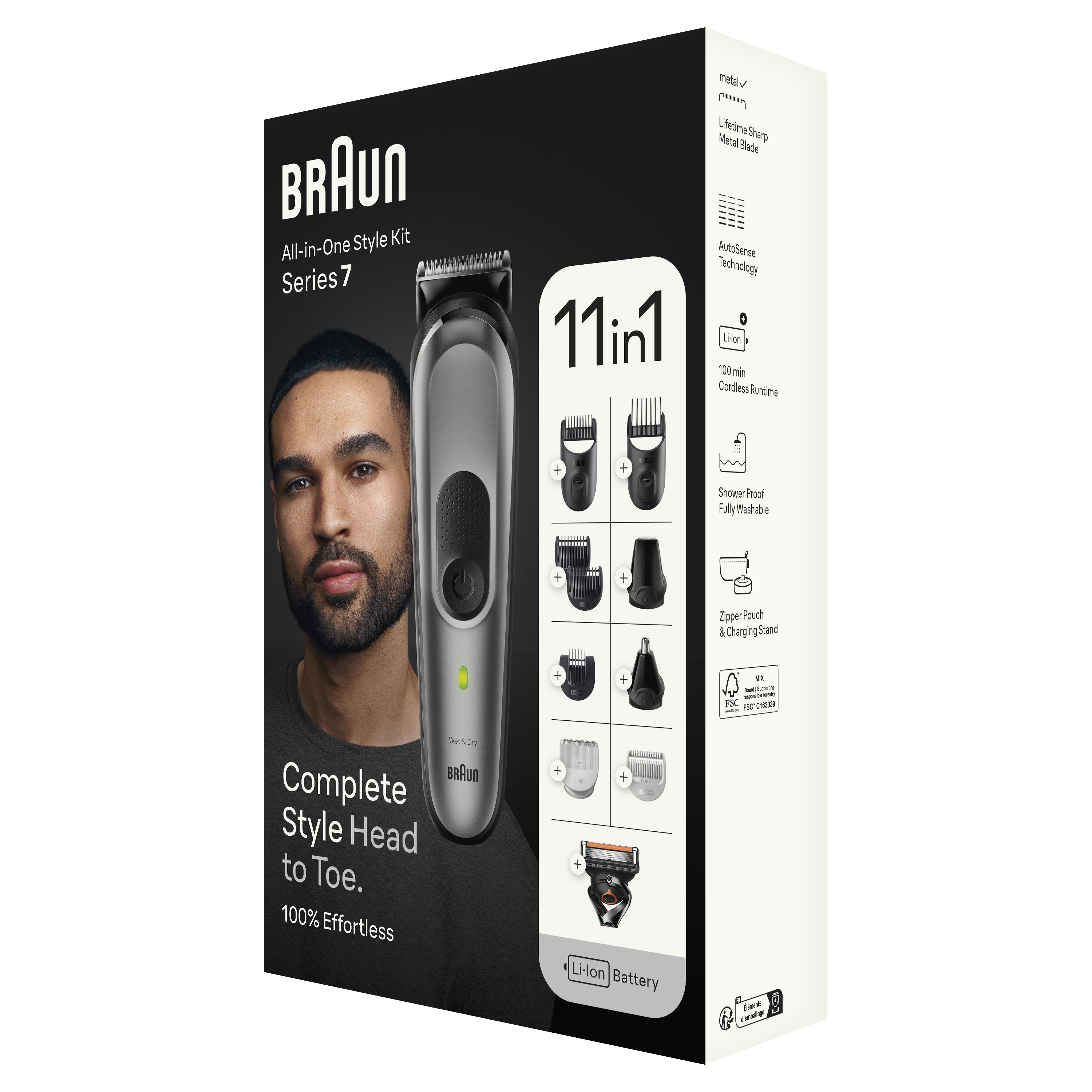 Braun 11-in-1 Style Kit 7 MGK7440 Beard, Body & Hair. With metal blade, 100min Runtime + Pouch, Grey