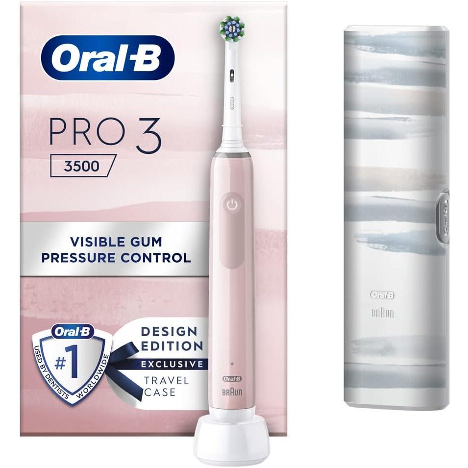 Oral-B Pro 3 - 3500 - Pink Design Electric Toothbrush, 1 Handle with Visible Pressure Sensor, 1 Toothbrush Head, 1 Travel Case