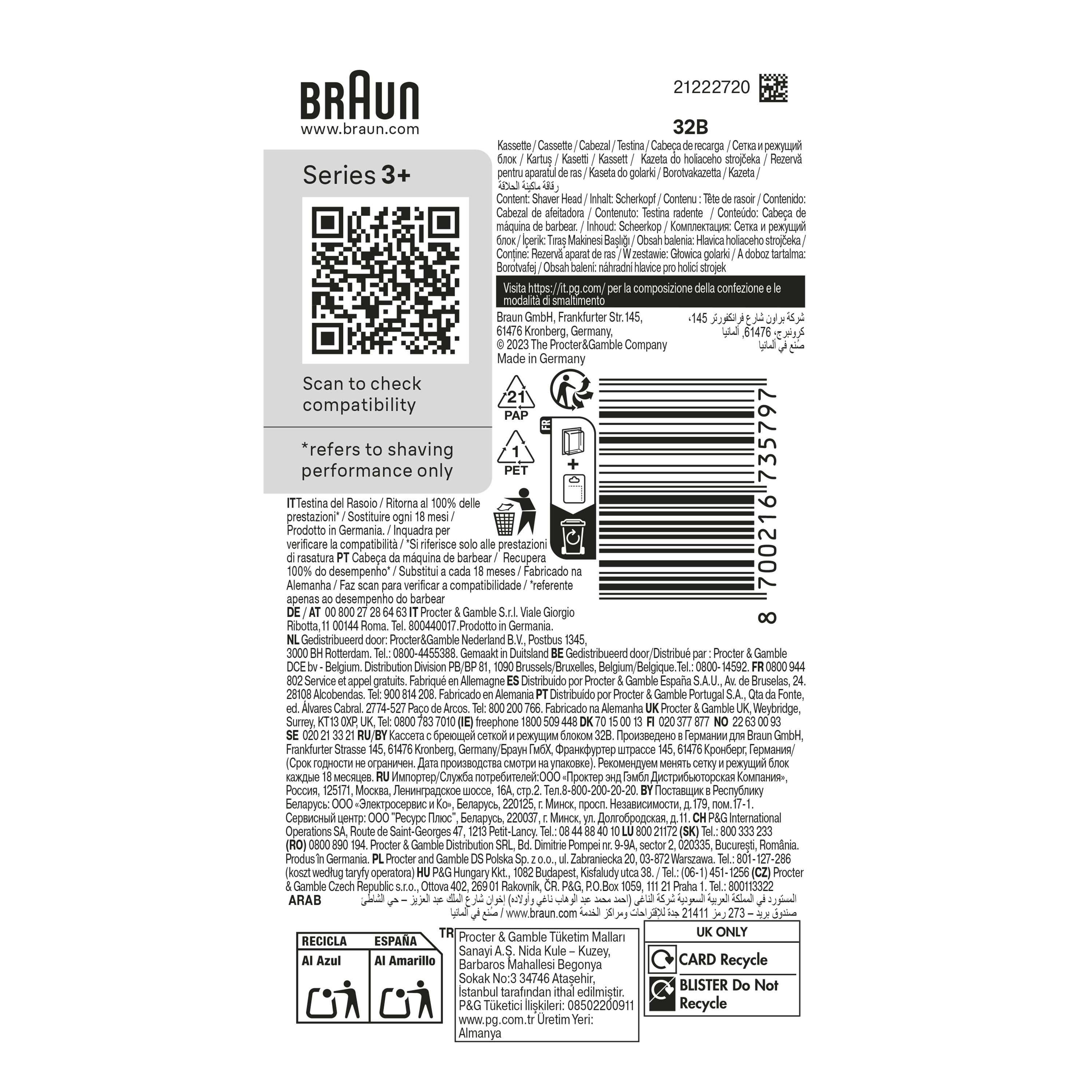 Braun Series 3 32B Electric Shaver Head Replacement - Black - Compatible with Series 3 Shavers ProSkin - Made In Germany