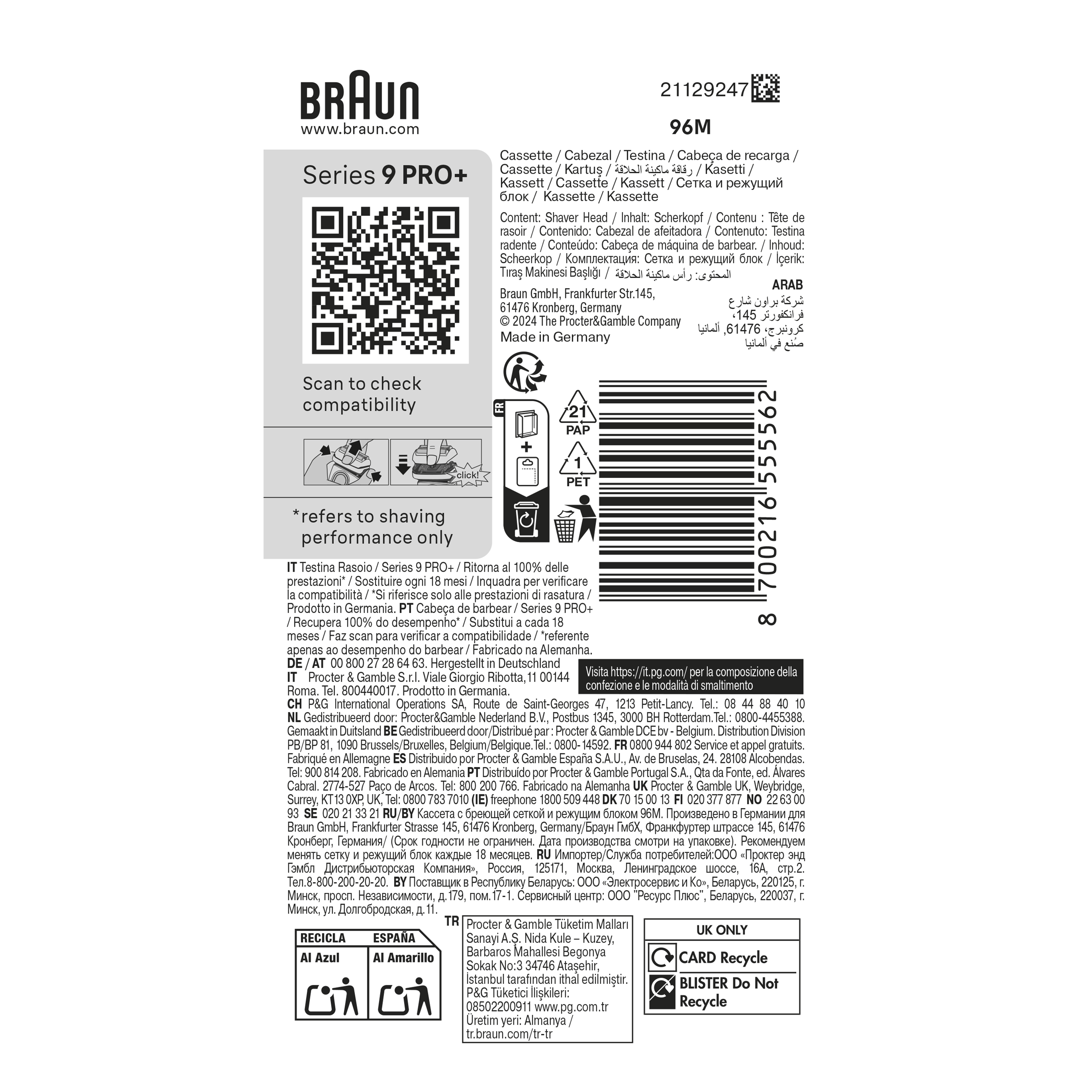 Braun 96M Series 9 PRO+ Electric Shaver Replacement Head,  Compatible With Series 9 Shavers - Made In Germany