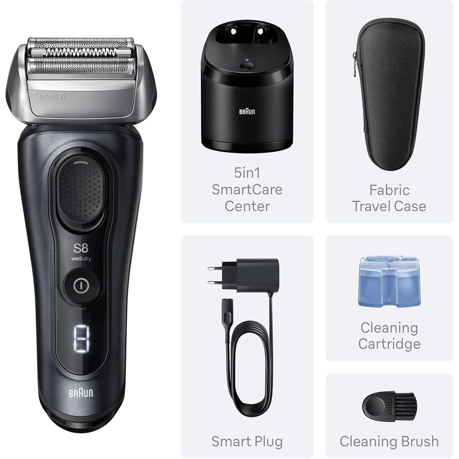 Braun Series 8 Electric Shaver for Men, Wet & Dry Razor with 4+1 Precision Head & Trimmer, 5in1 SmartCare Center, 8663CC, Grey