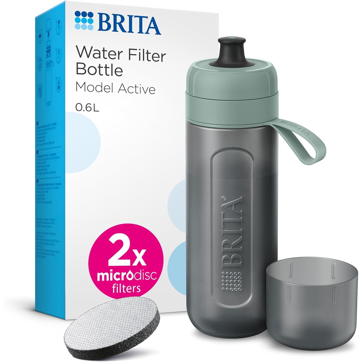 BRITA Sports Water Filter Bottle Model Active Dark Green 600ml - squeezable BPA-free on-the-go bottle