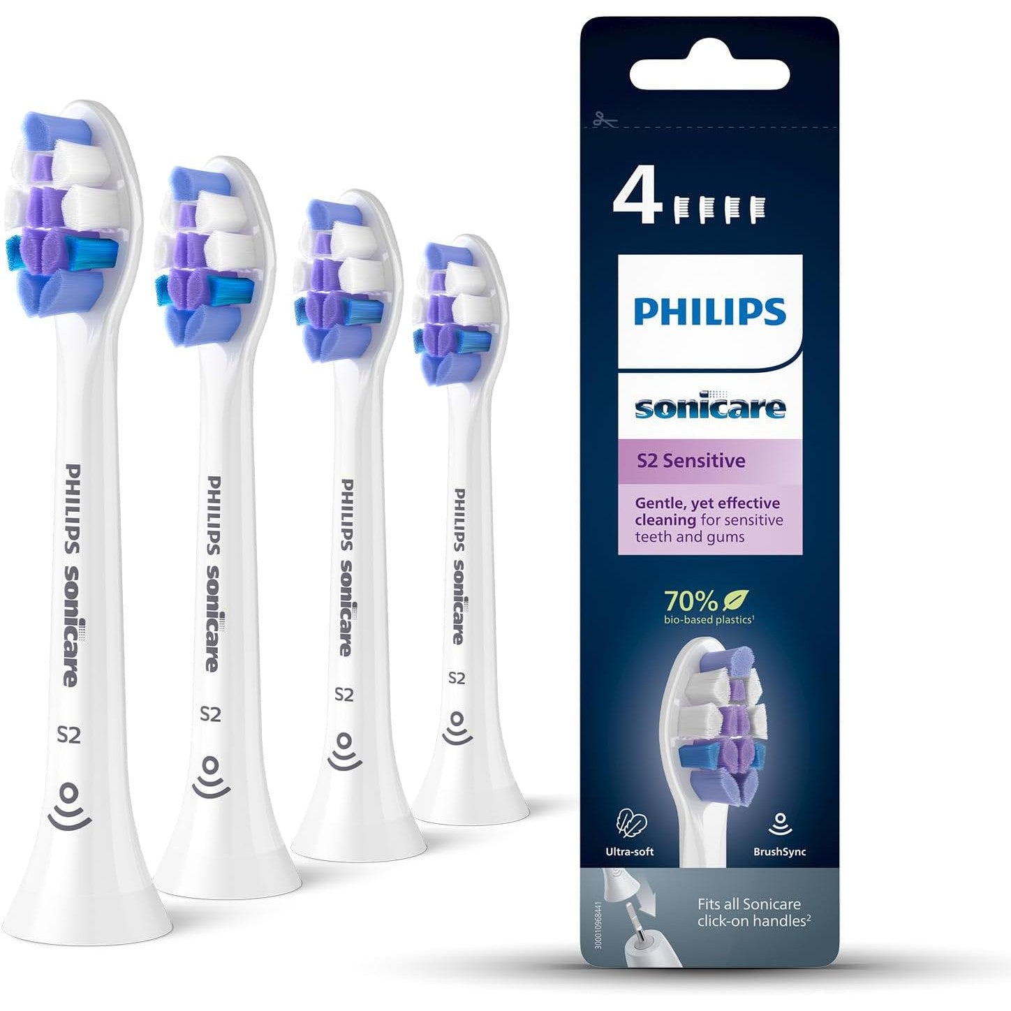 Philips Sonicare Brush Heads, S2 Sensitive Brush Head with Ultra-Soft bristles for Sensitive Teeth and Gums, White, 4-Pack, (Model HX6054/10)